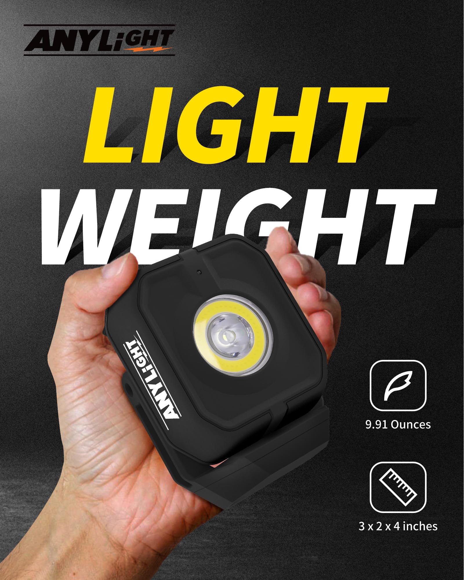 Anylight LED Work Light, 1200LM 4 Modes, IP65 Waterproof, 3350mAh Rechargeable, Black, Model 4081, 1 Pack