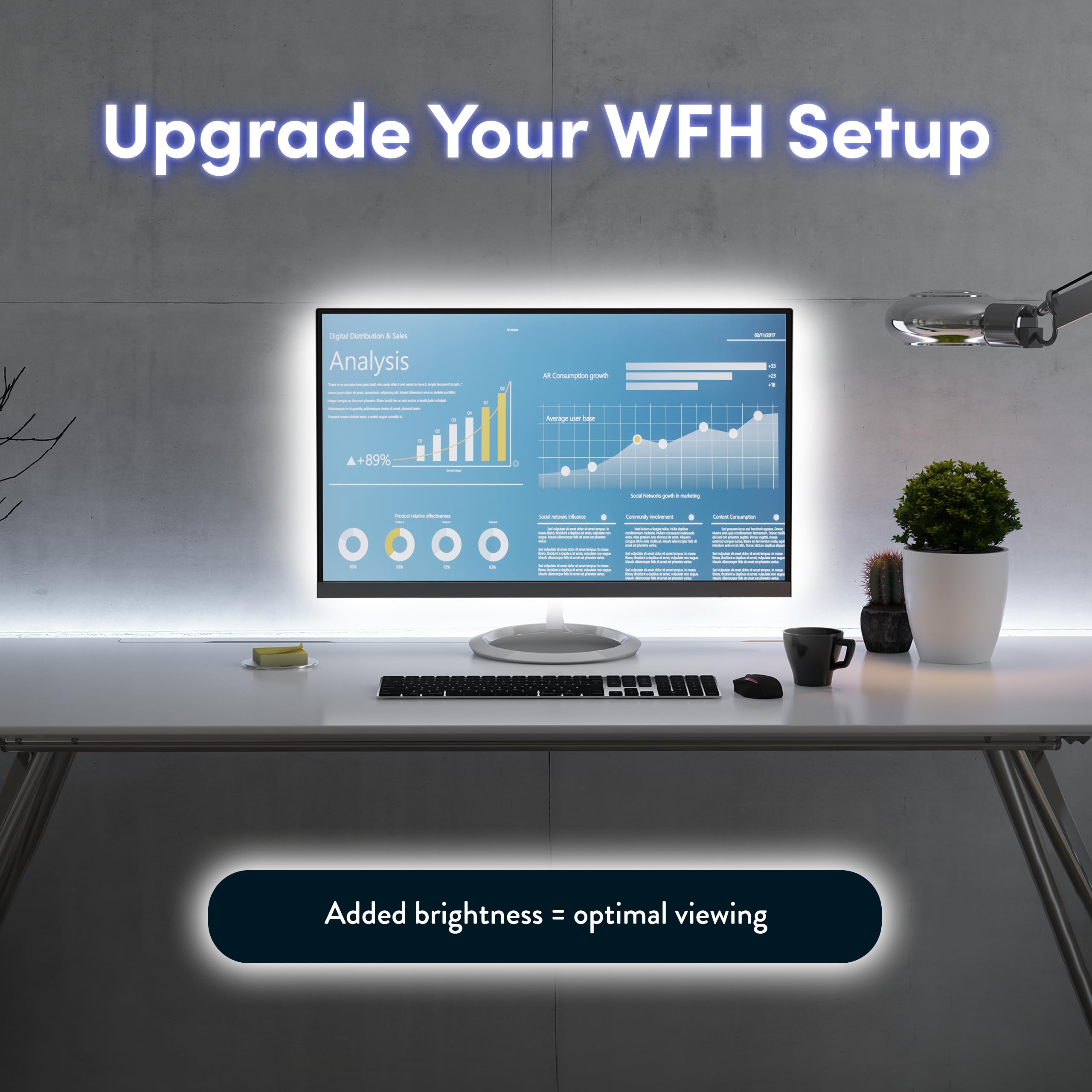 Luminoodle Bias Lighting  Backlight Kit For Monitors Up To 24 - Usb Led Light Strip - Computer Monitor Backlight - True White Adhesive Strip - White - Small (