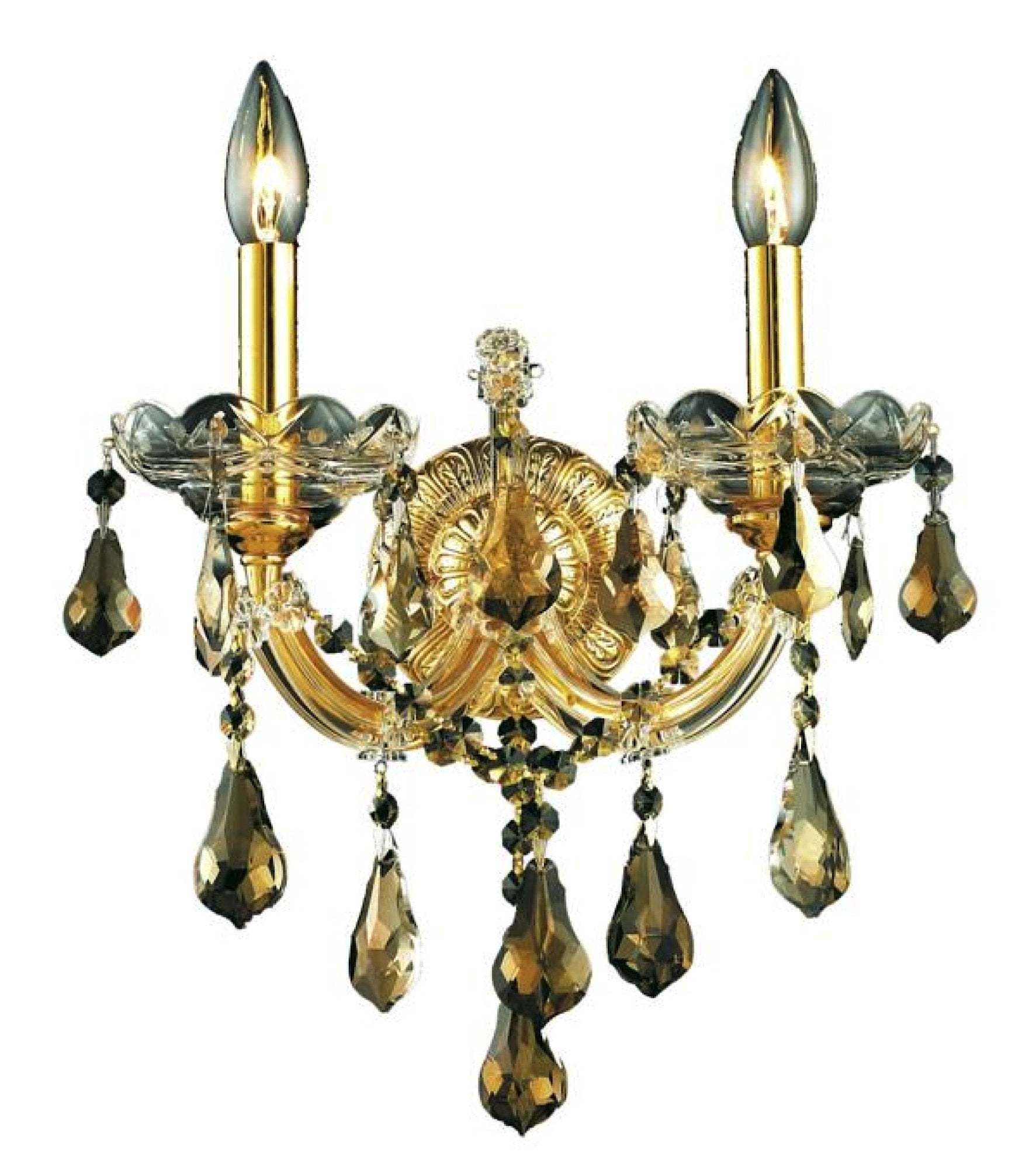 Elegant Lighting 2801W2G-GT/RC Maria Theresa 2-Light Wall Sconce, Royal Cut RC Crystal, 16''H, Gold Finish with Golden Teak (Smo
