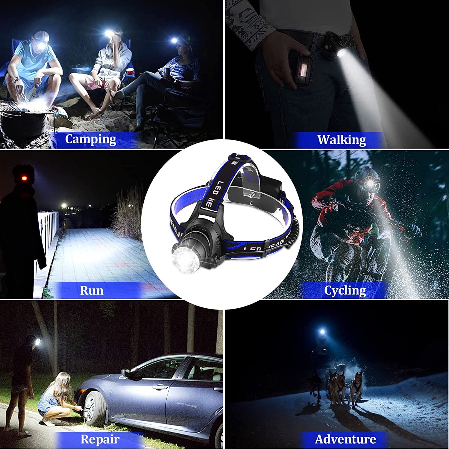 Led Headlamp Usb Rechargeable, Head Lamp Super Bright 1000 High Lumen With 3 Modes, Zoomable, Waterproof Headlight For Camping H