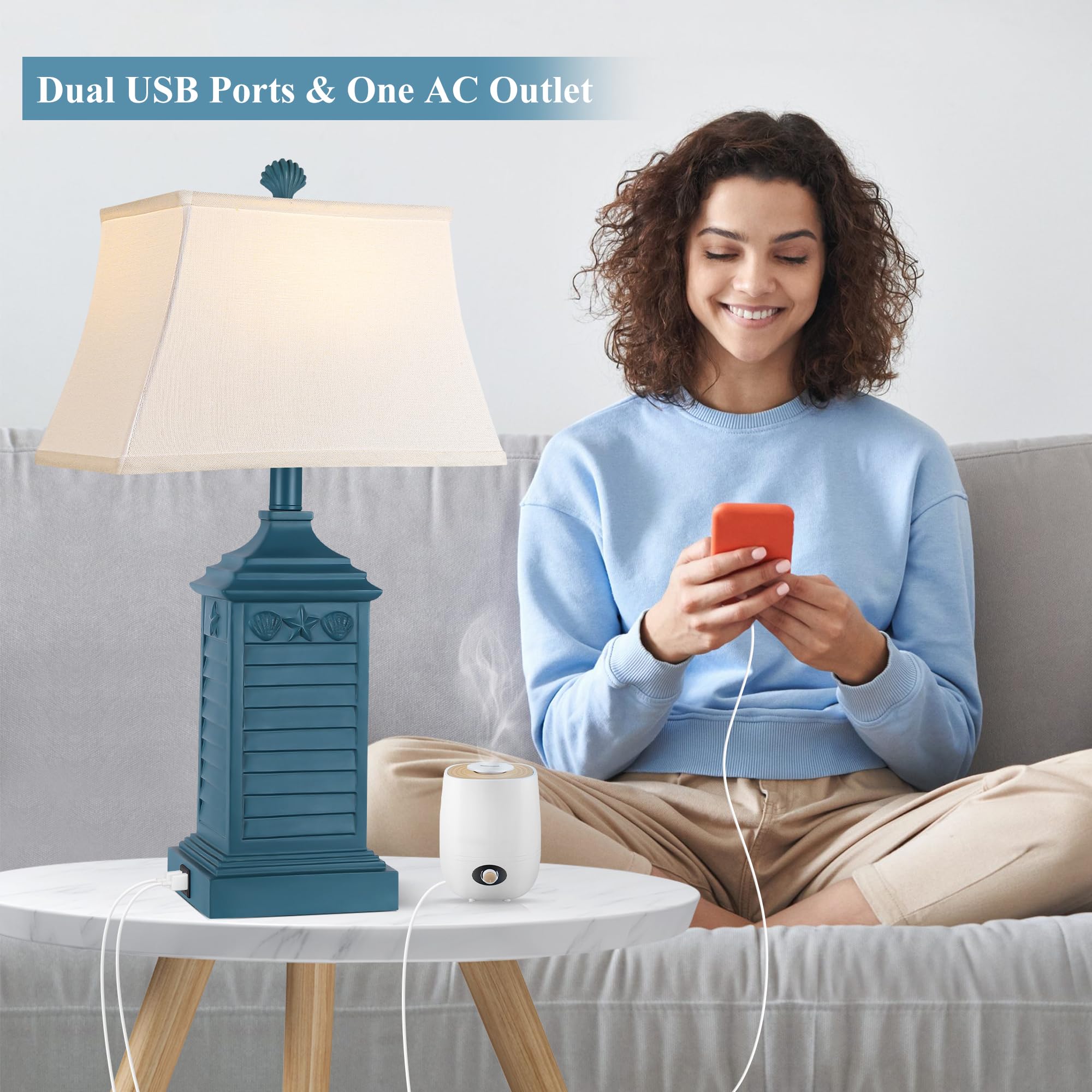 Hamucd Set of 2 Coastal Nautical Navy Blue Table Lamps with USB Ports & AC Outlet, Farmhouse LED Bulbs, Model HMLP278AD2