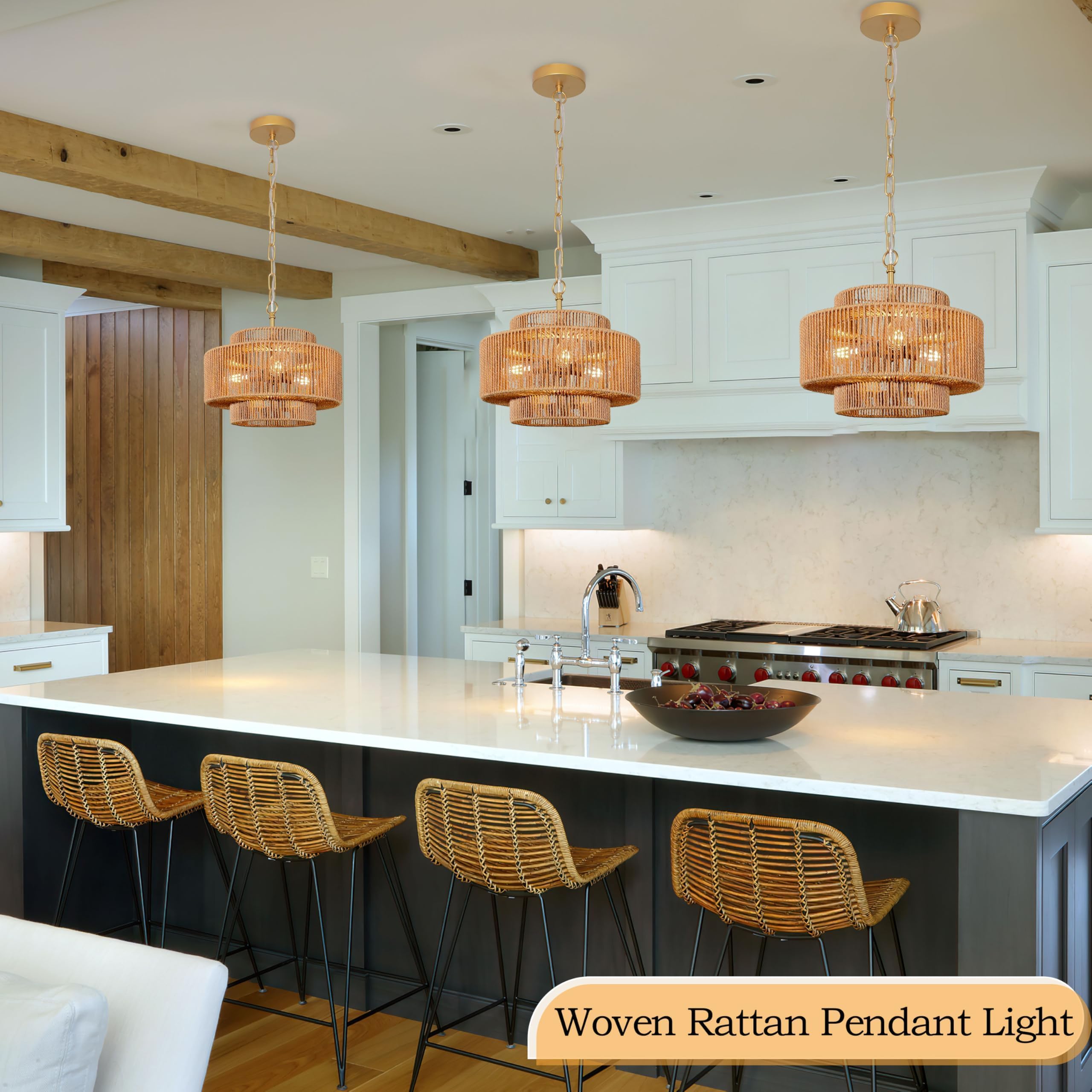 Bagood 18''Rattan Pendant Light Gold Woven Pendant Light 3-Light Boho Chandelier Light Fixture 3-Tier Wicker Pendant Light Rusti