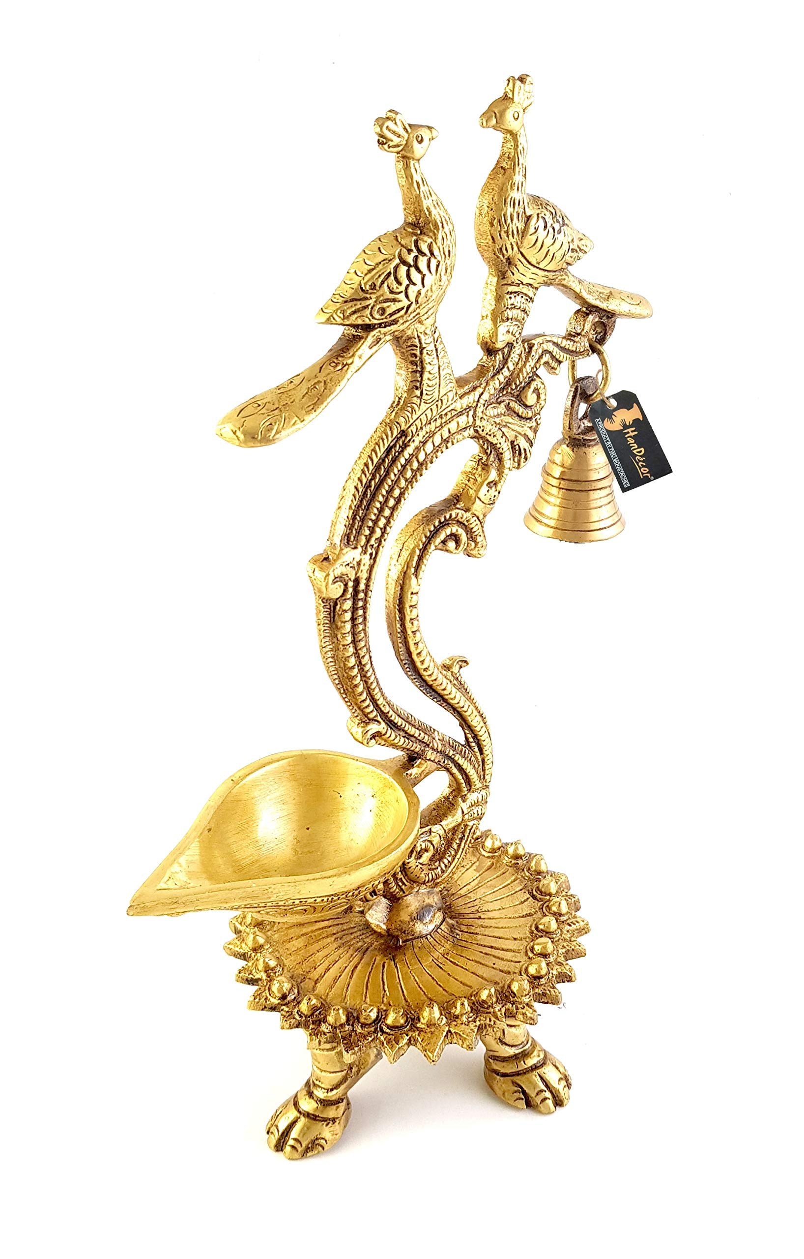 Two Moustaches Brass Ethnic Carved Twin Peacock Design Over Diya (Yellow_5.5 Inch X 4 Inch X 12 Inch), Antique Yellow (Model Num