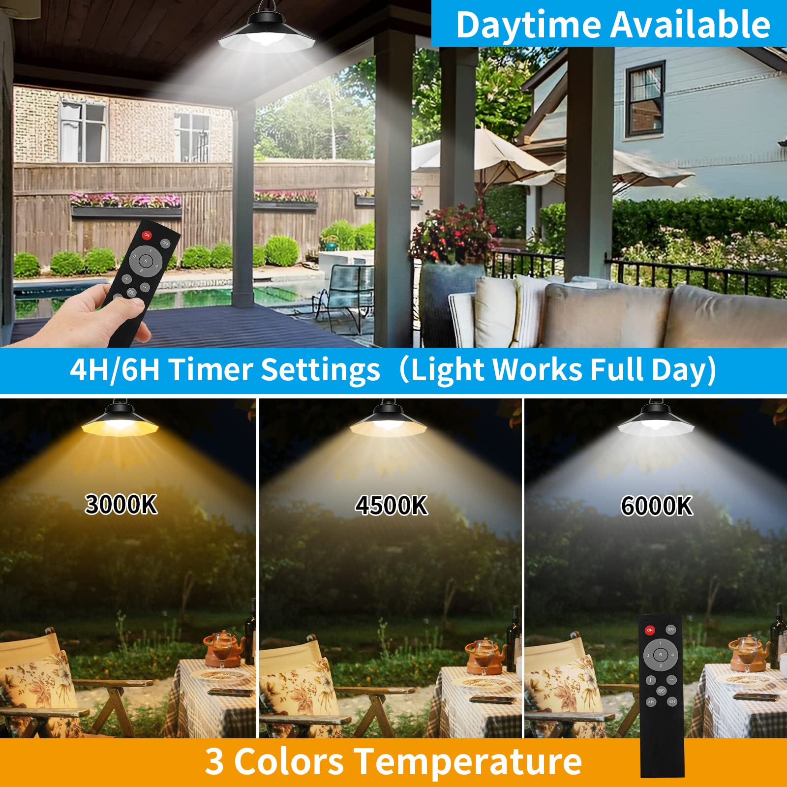 Aqonsie Solar Shed Lights - Indoor/Outdoor Dual Pendant, 1200LM, 3 Color Temperatures, 5 Modes, 2 Timers, Black, Model L-0004