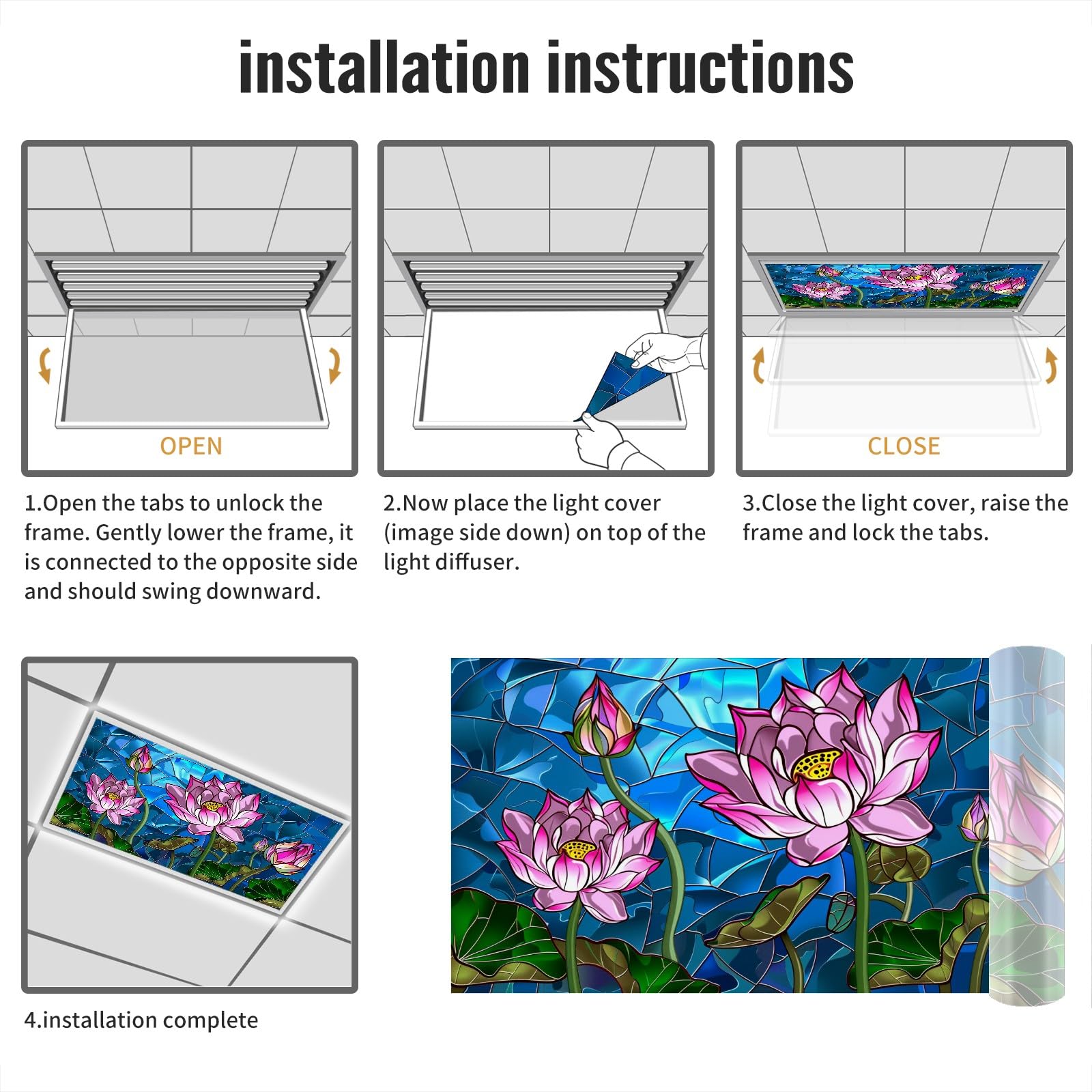 Msinmkok Fluorescent Light Covers For Classroom Office Hospital Home - Lotus Flowers Decorative Drop Ceiling Light Cover Filters