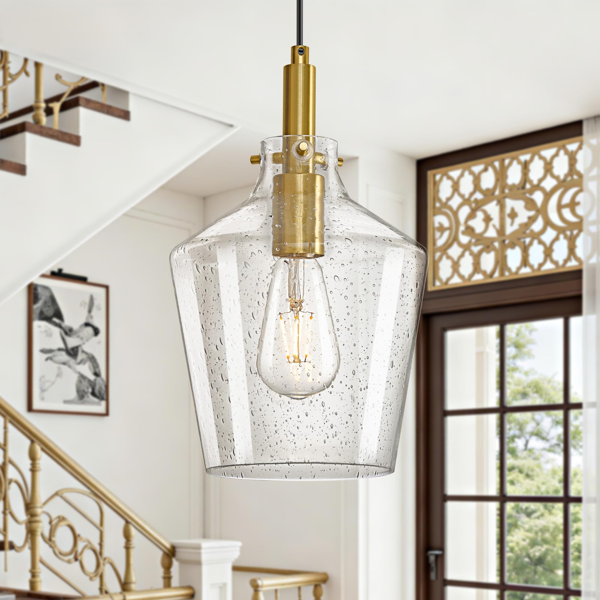 Vaziden Modern Seeded Glass Pendant Lighting For Kitchen Island 1 Pack  Farmhouse Gold Pendant Light Fixtures  Height Adjustable Ceiling Pendant Light  Angled Seeded Glass Shades 8 Inch