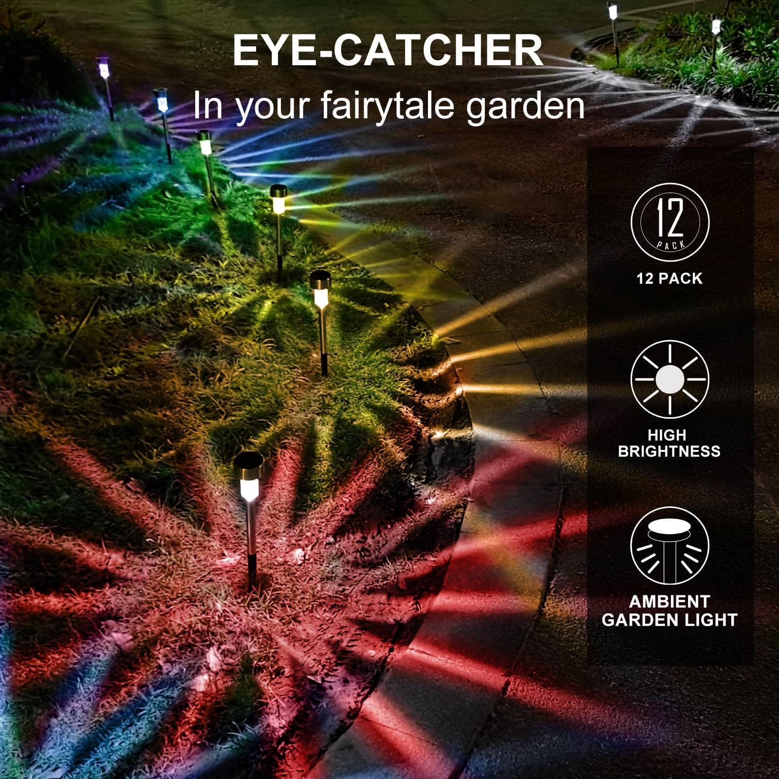 Dream Master Solar Lights Outdoor Waterproof Stainless Steel LED 12 Pack Multicolor Landscape Lighting for Pathway and Patio