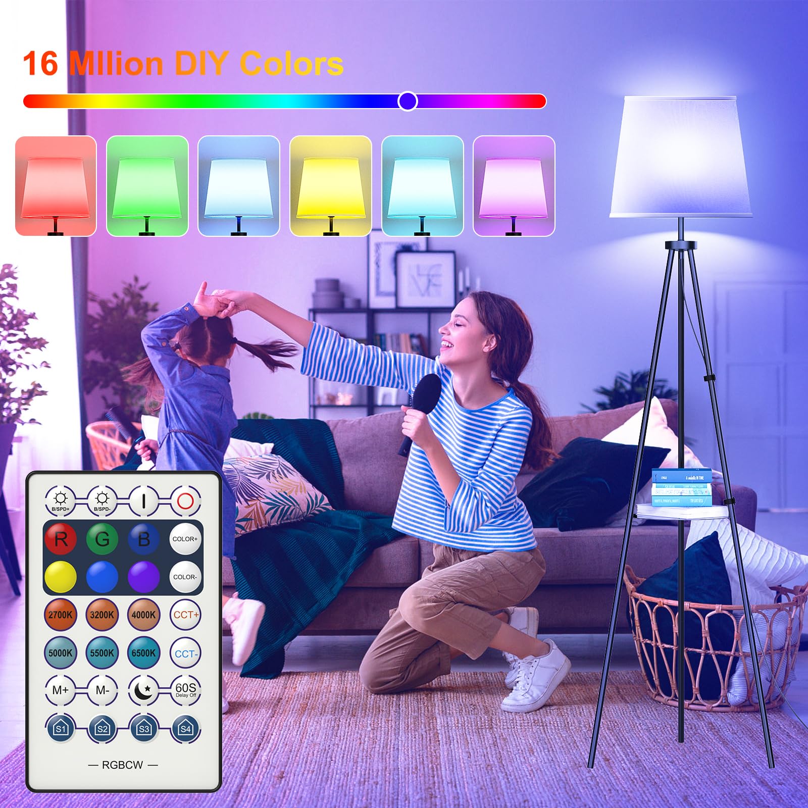 Tripod Floor Lamp, Moden Stand Up Lamp, Dimmable Standing Tall Lamp For Living Room Bedroom, Wifi Smart Rgb Light Compatible Wit