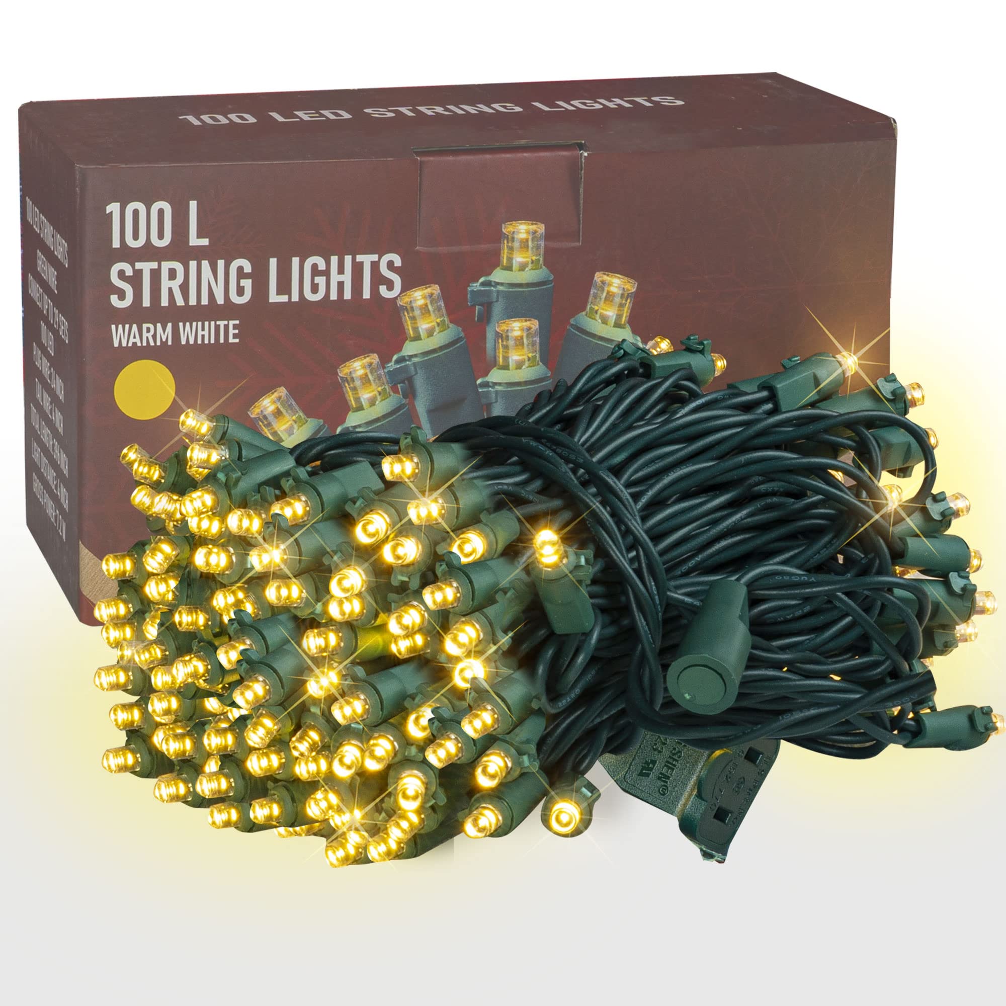 Dazzle Bright 33Ft 100 Led Christmas String Lights Indoor Outdoor Waterproof, Warm White Christmas Lights Green Wire, Twinkle Li