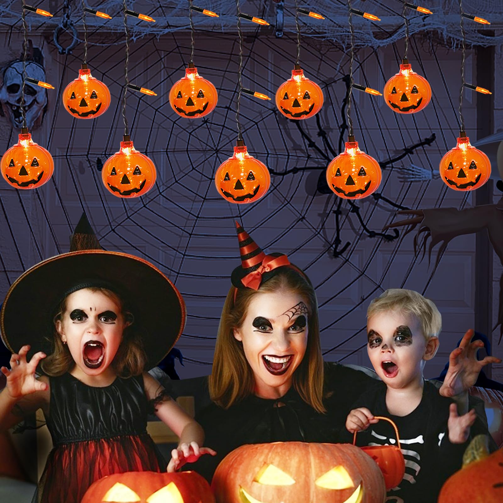 Halloween Pumpkin Curtain Lights, 25 Led 7Ft Halloween Pumpkin String Lights With 10 Jack O Lantern Lights Connectable For Halloween Window Bedroom Camper Party Decorations Indoor And Outdoor