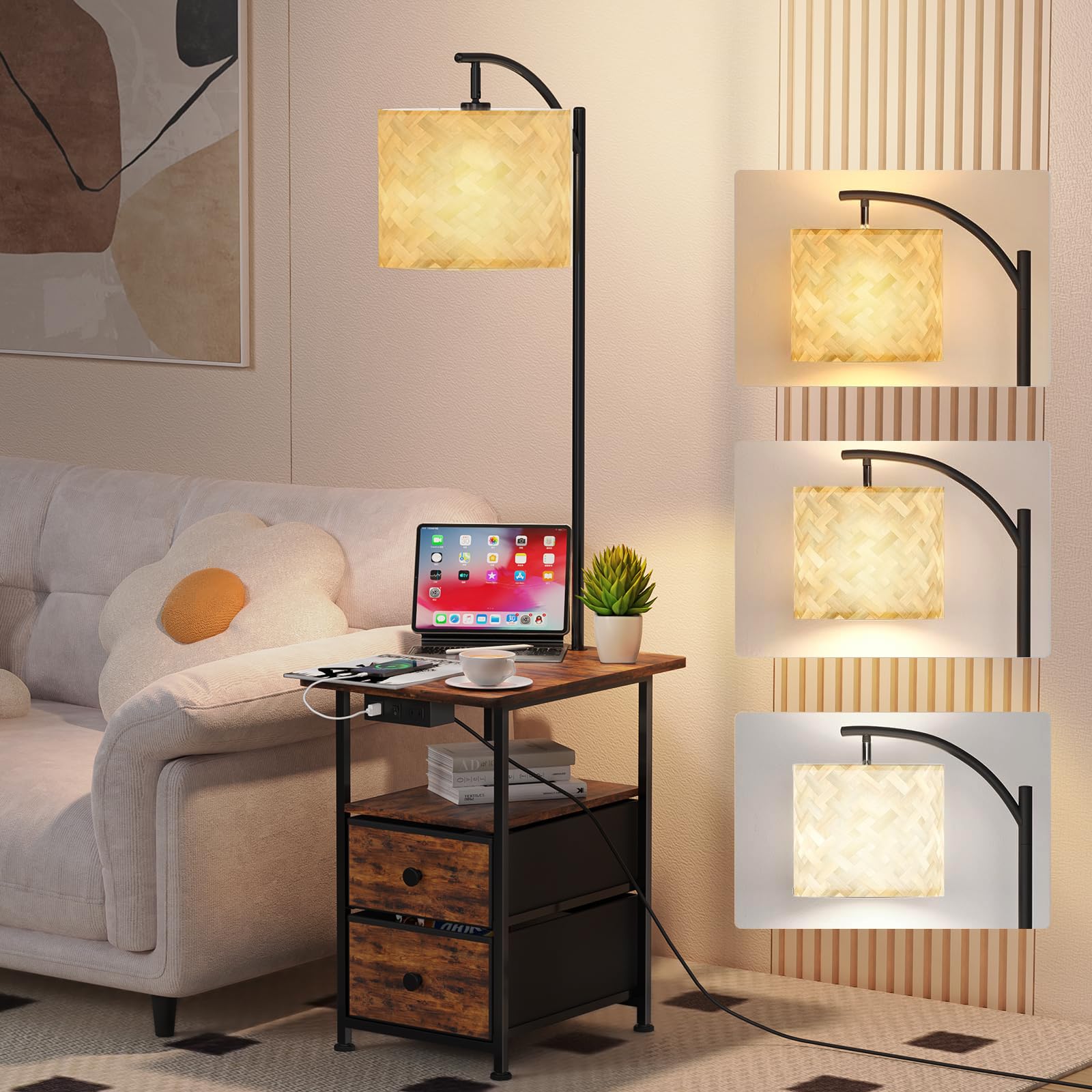 JACKYLED Floor Lamp with Table & 2 Drawers, 3 Color Temperature End Table Flood Lamps with Charging Station (USB, Type-C, AC), V