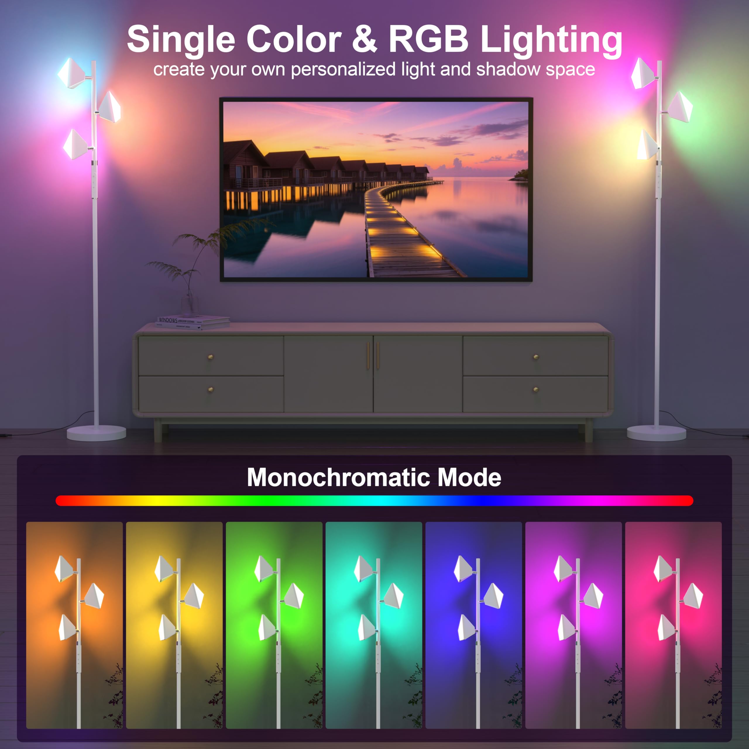 PARTPHONER RGB Tree Floor Lamp, Stepless Dimmable, Remote & Touch Control, White, Model FLA-036-A2-White