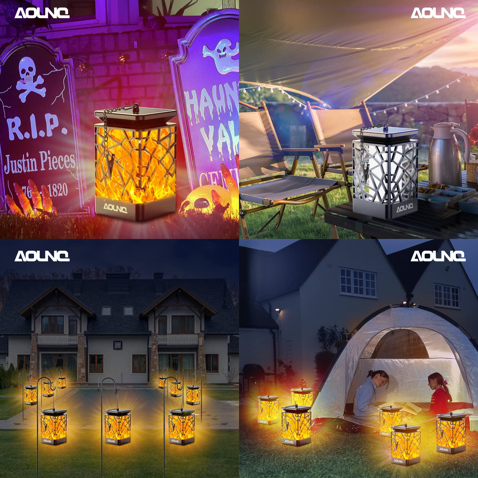 AOUNQ Solar Lanterns Outdoor Waterproof 2 Pack - Upgraded Hanging Solar Lights with 99 LEDs Flickering Flames for Garden Patio Y