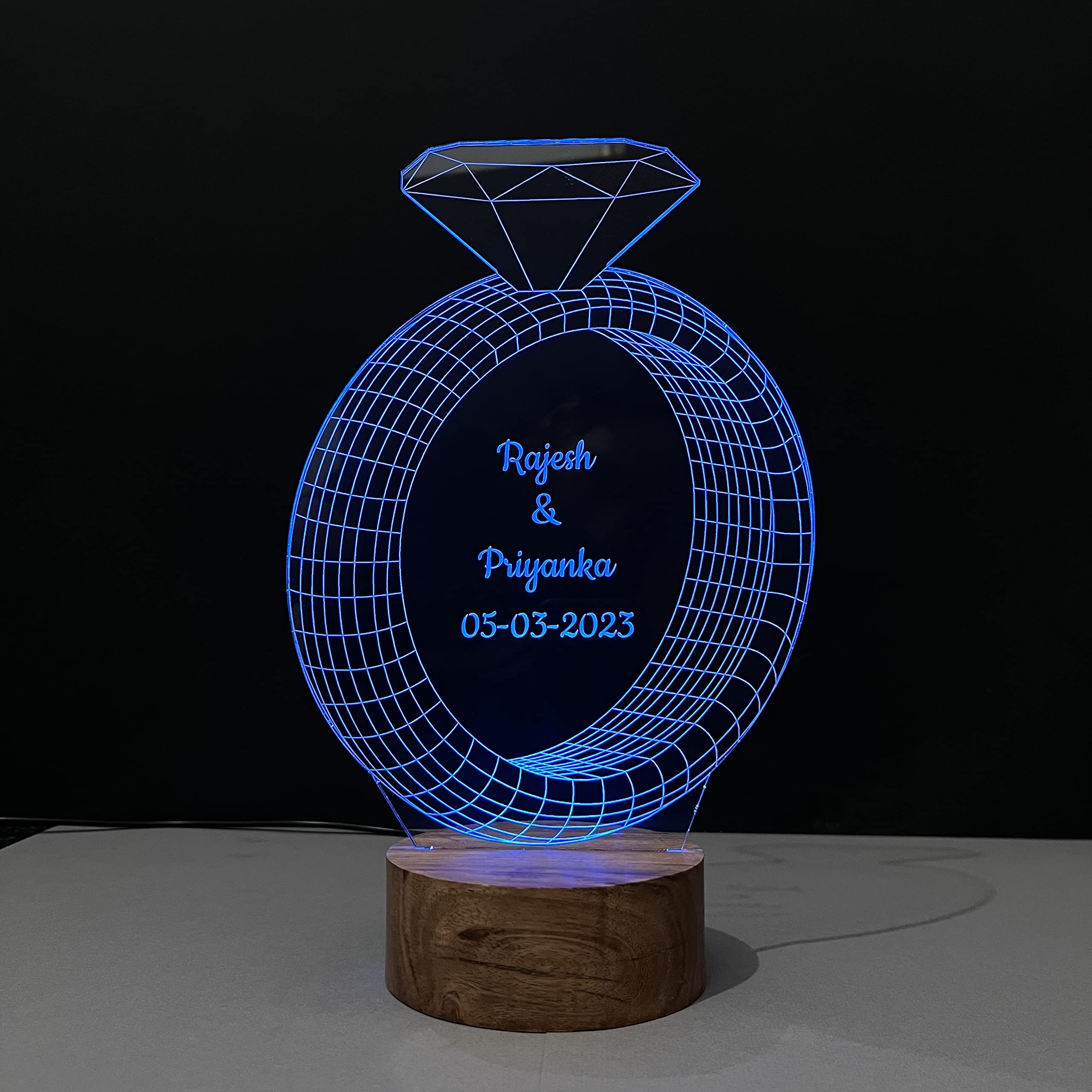 WOWOOD Wood Engagement Ring Lamp Gift For Couple Wedding Anniversary Gift Lamp Love Night Light (Ring Design Multicolor), LED