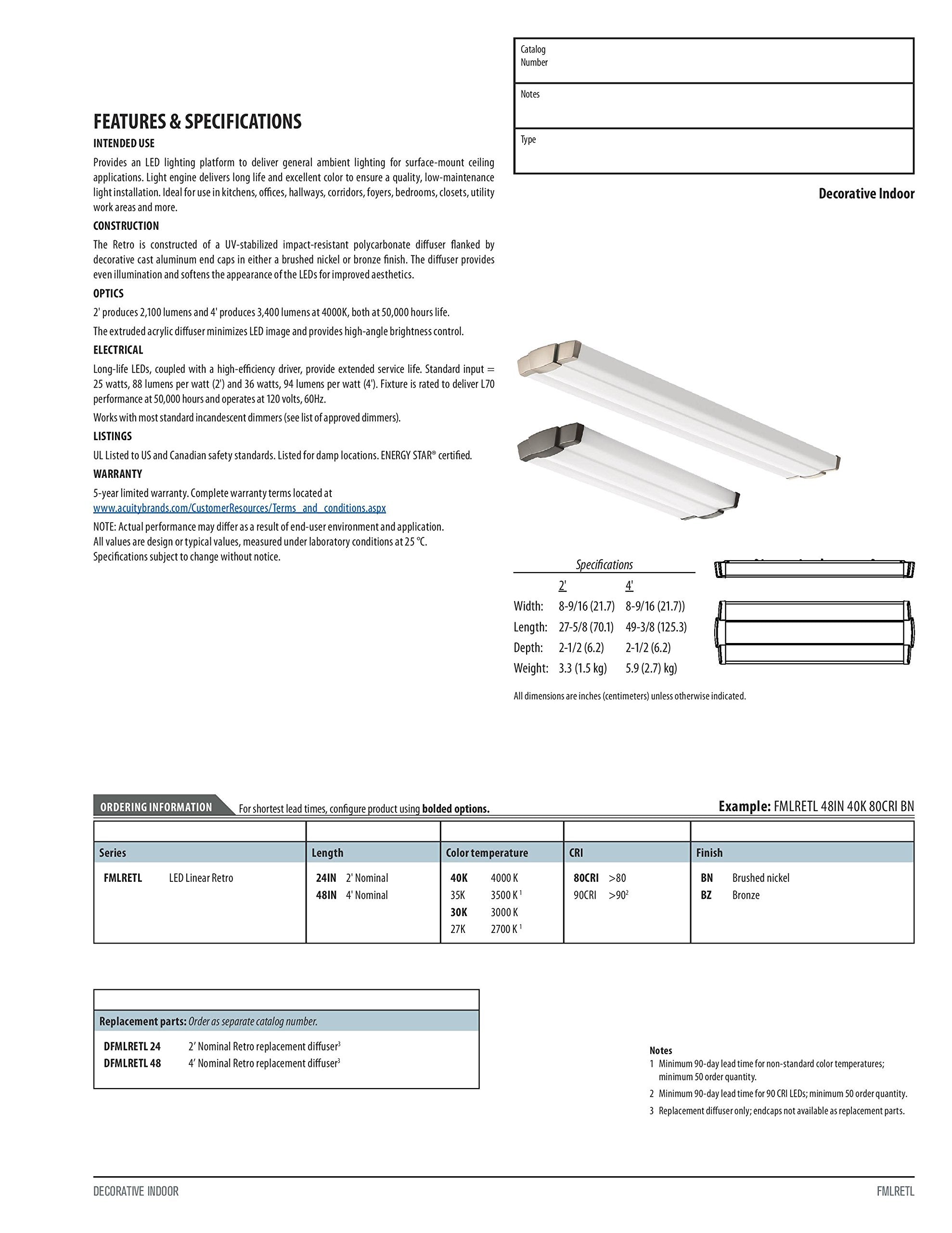 Lithonia Lighting Fmlretl 48In 30K 80Cri Bz Led Linear Flush Mount Light, 3000K, 36 Watts, 3100 Lumens, 4 Feet, Bronze