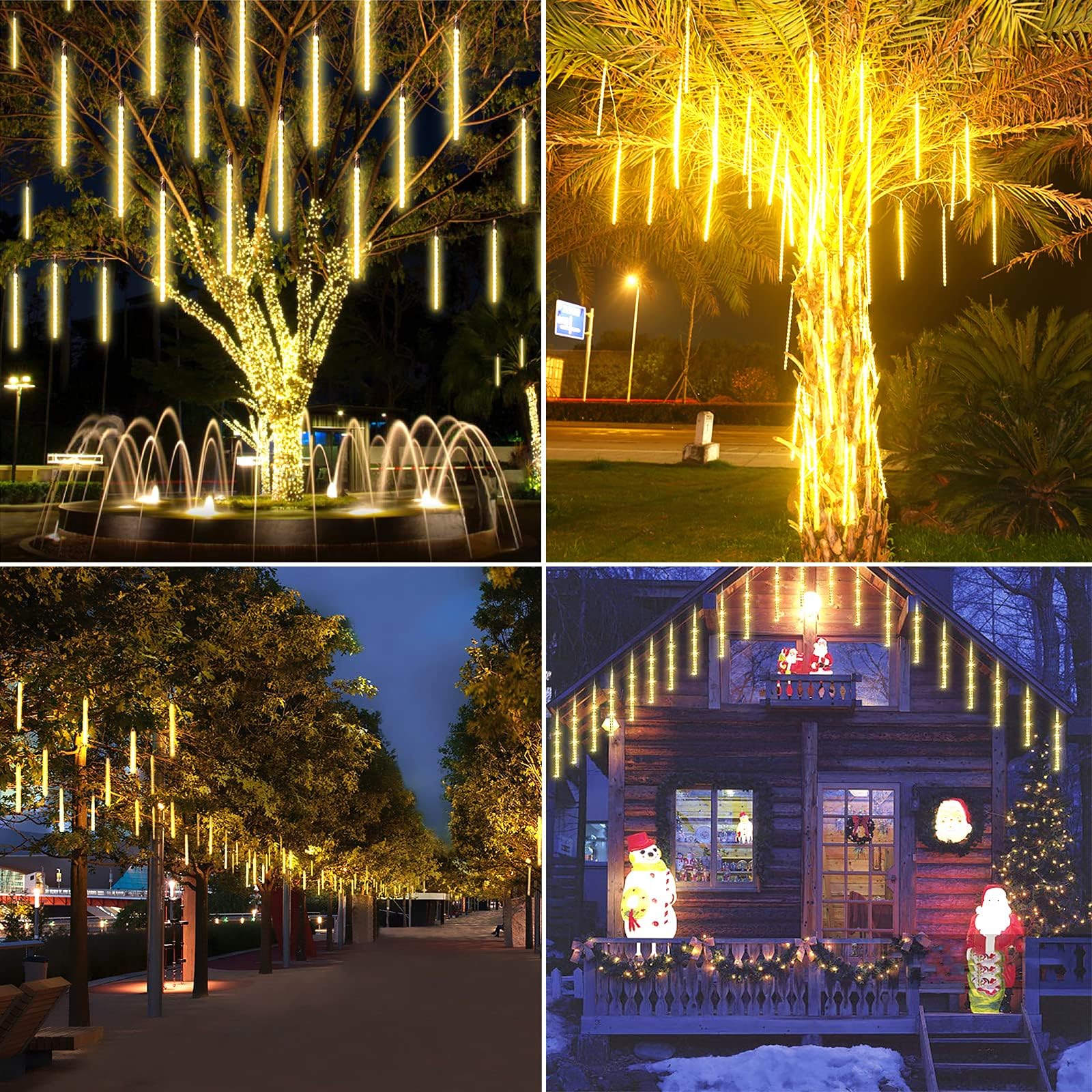 2-Pack Extendable Meteor Shower Christmas Lights Outdoor  16 Tubes 384 Leds Waterproof Falling Rain String Lights  Christmas String Lights Outdoor For Tree Patio Garden Holiday Decorations(Warm White)