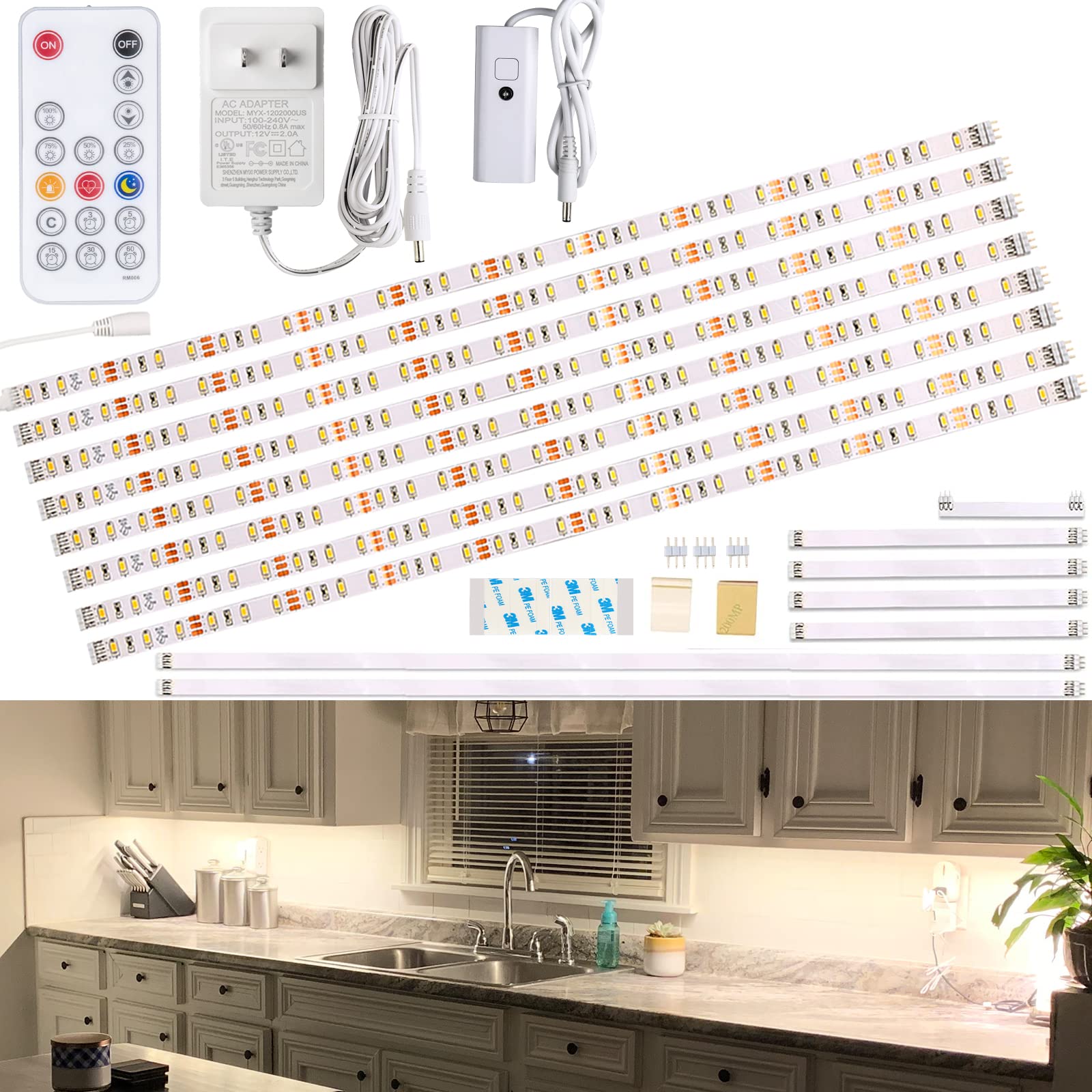 WOBANE Under Cabinet LED Lighting kit  8PCS LED Band Lights with Remote Control Dimmer and Adapter  Dimmable for Kitchen Cabinet Counter Shelf TV Back Showcase 4000K Natural White 1900lm Timing Off