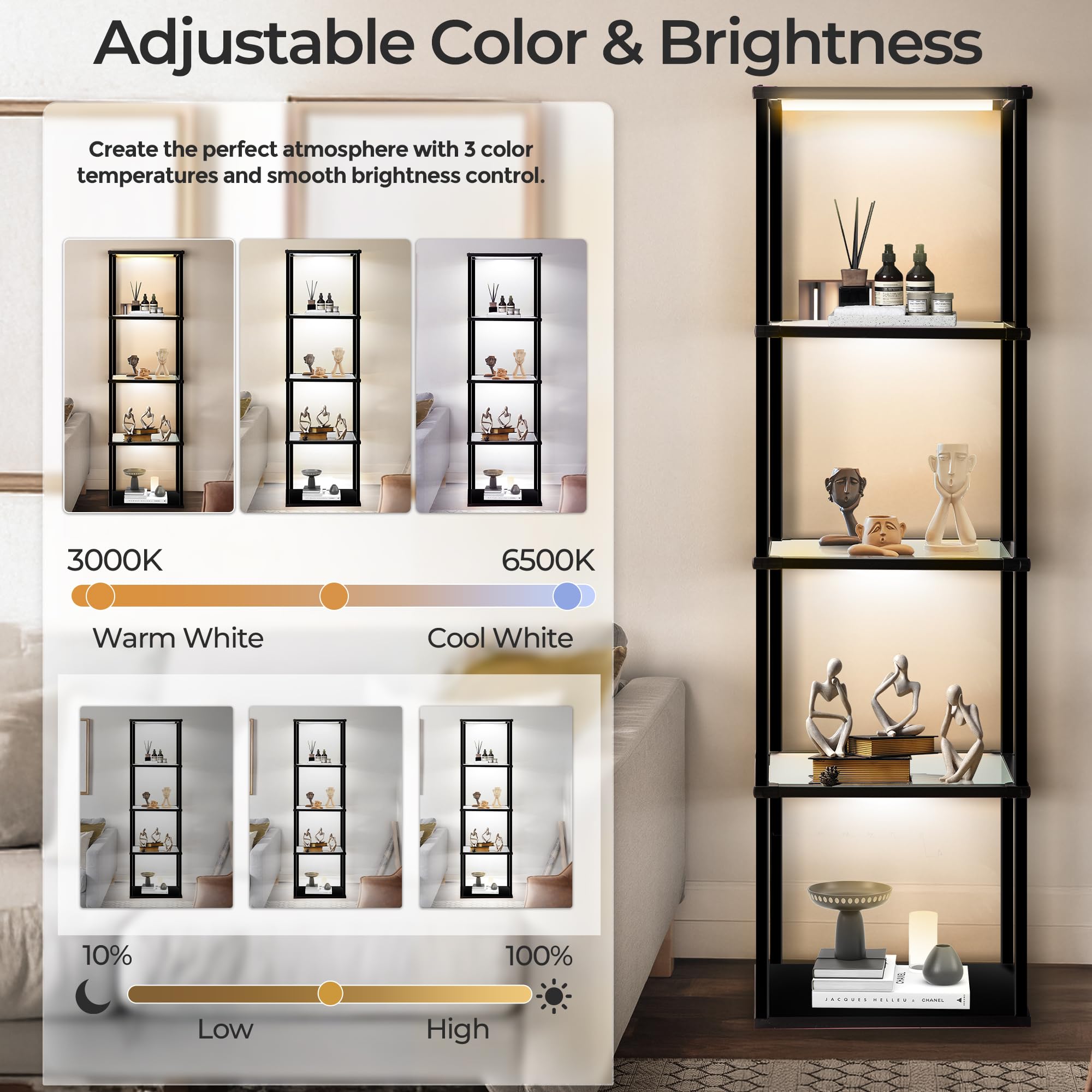 Tall Display Shelf Floor Lamp, Dimmable Led Lamp With 3 Color Temperatures, Sturdy Glass Curio Cabinet Bookcase With Remote Cont