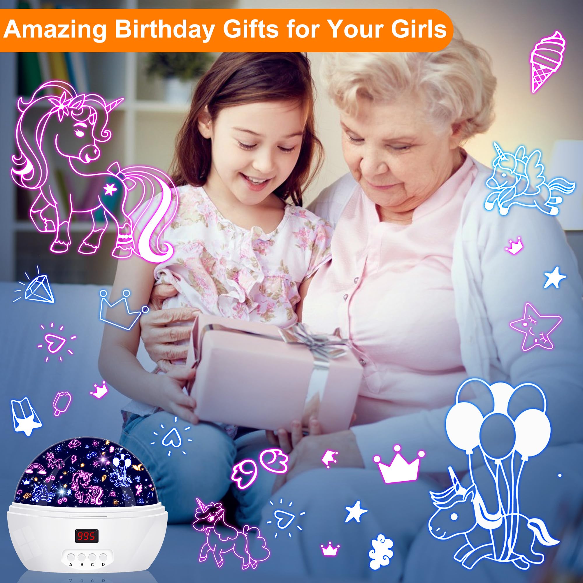 Mokoqi Unicorn Projector Night Light For Girls, Star Lights Projector For Ceiling Kids Bedroom Decor Gifts For 3-6 Year Old Girl Night Light Projector With Timer, Christmas Birthday Gift For Girls