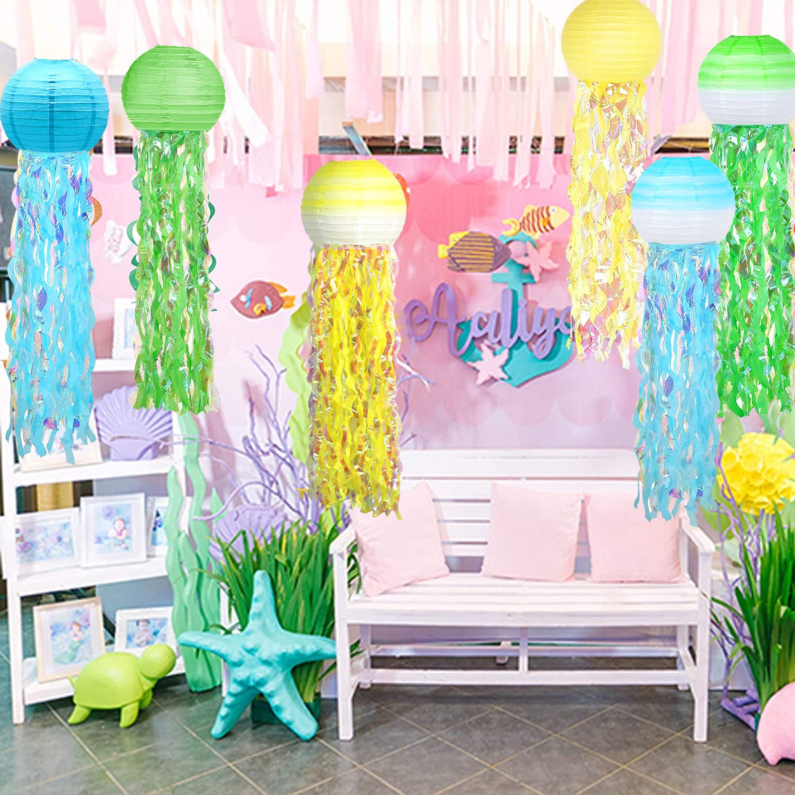 6 Packs Jellyfish Paper Lanterns Hanging Mermaid Wishes Lantern Gradient Yellow Blue Green Ocean Theme Party Supplies Great For