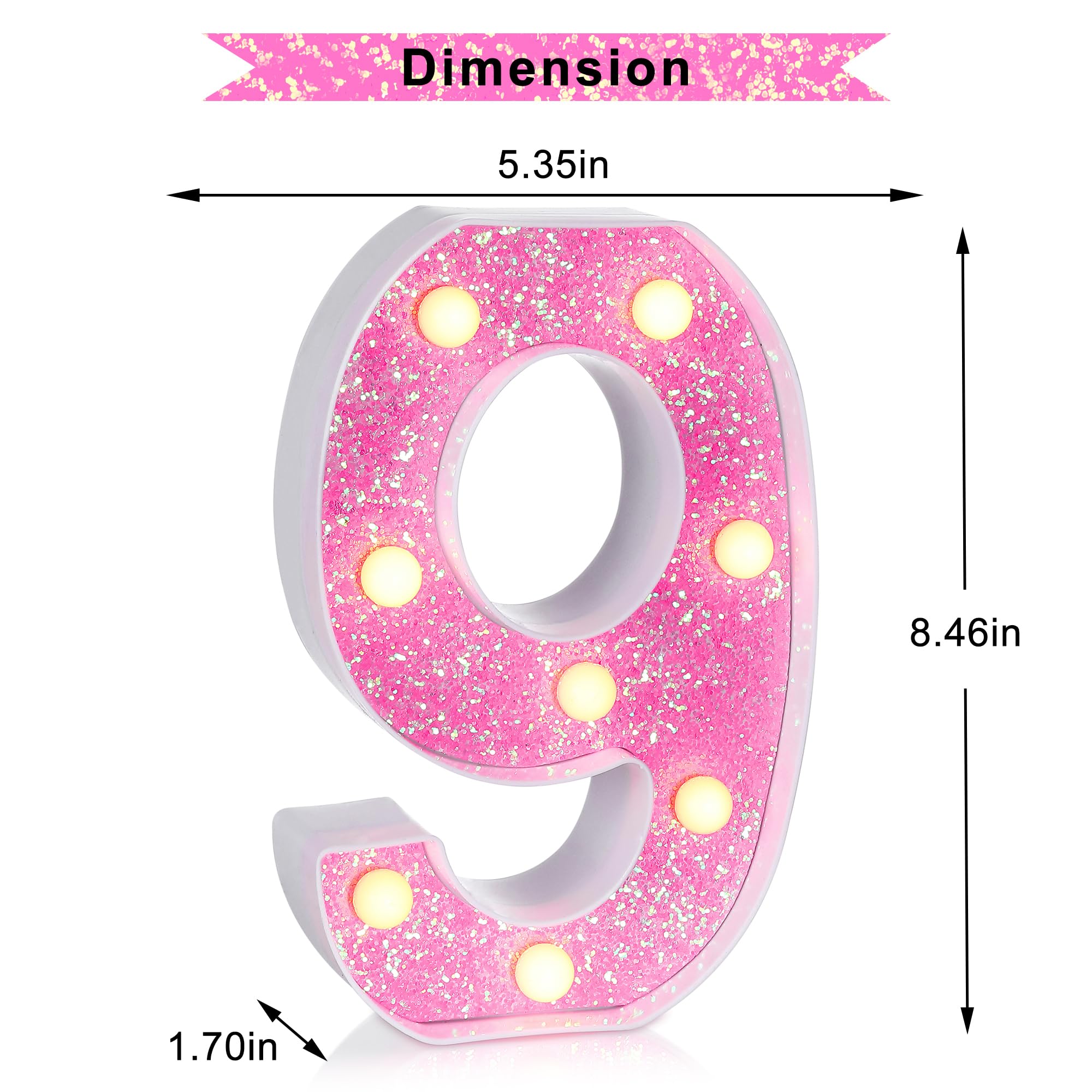 Foaky Led Letter Lights Sign Light Up Pink Letters Glitter Alphabet Letter Sign For Night Light Wedding/Birthday Party Battery Powered Christmas Lamp Girls Gifts,Number 9, 9Th 19Th Birthday Decoration (9)