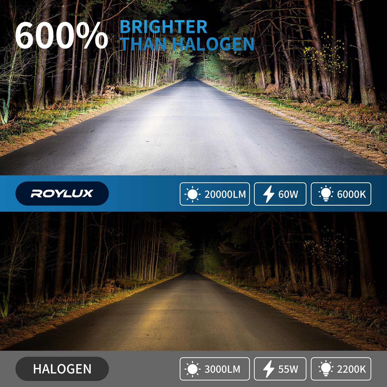 ROYLUX H13 9008 Fog Light Bulbs, 20000LM, 6000K Cool White, Canbus Ready, Mini Size, Pack of 2