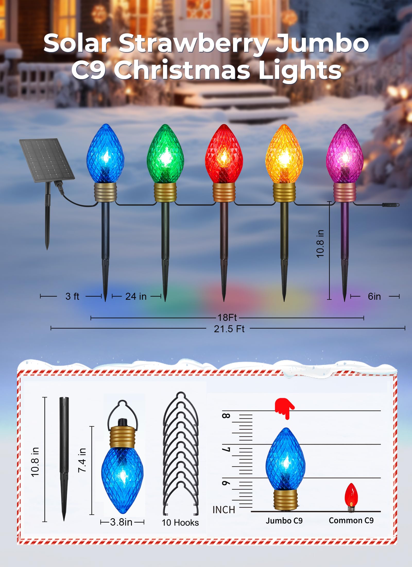 Brightown Solar Strawberry Jumbo Christmas Lights Outdoor - 2 Pack Total 44 Ft 20 Led Jumbo C9 Christmas Pathway Lights With Tim