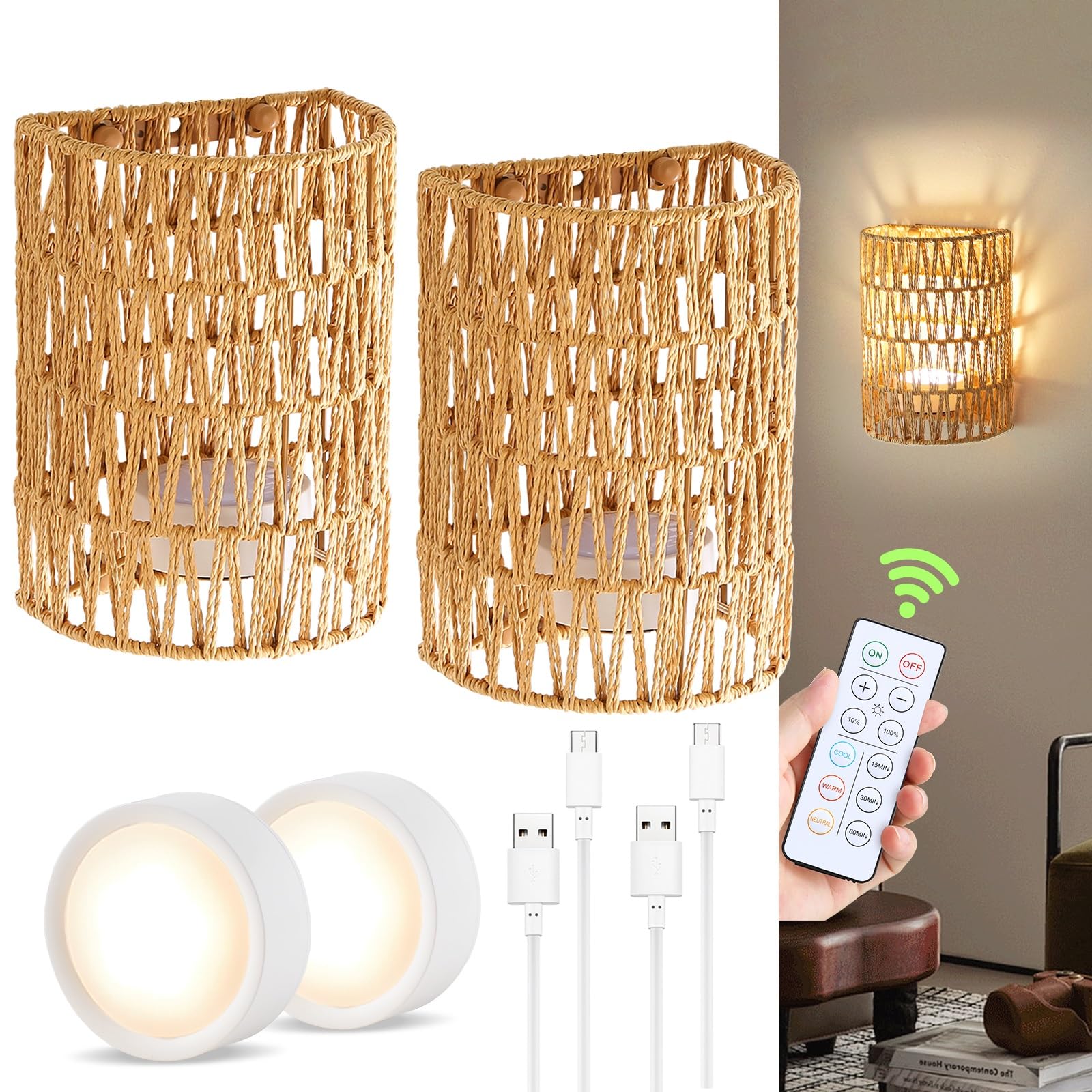 Espossi Battery Operated Wall Sconce, Rattan Rechargeable Wall Sconce, Boho Wall Sconces Battery Operated With Remote, Wireless Sconces Set Of 2 For Bedrooms, Hallway, Living Room