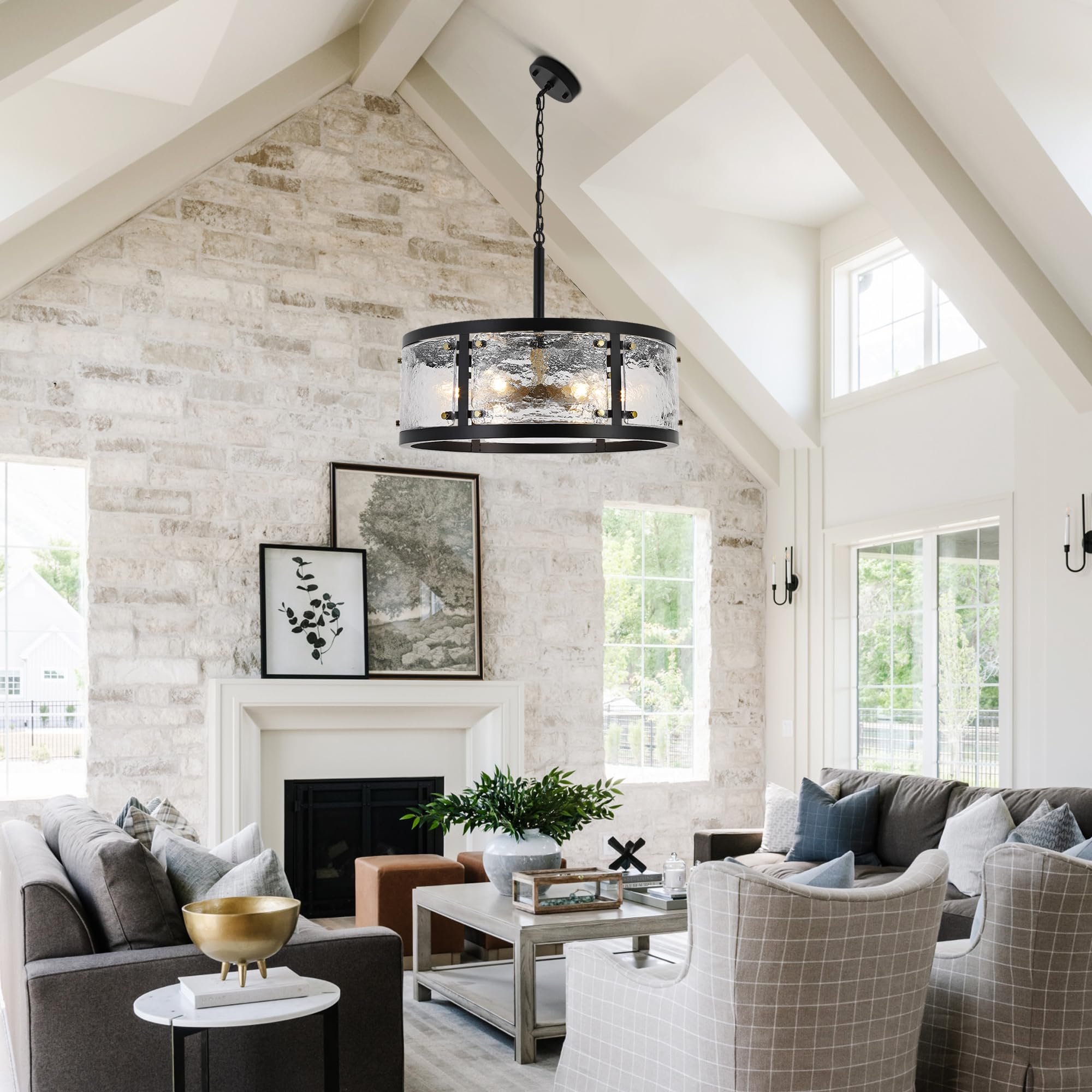CNRATYE 23.6" Black Farmhouse Drum Chandelier, 6-Light Vintage Glass Fixture for Dining Room and Kitchen