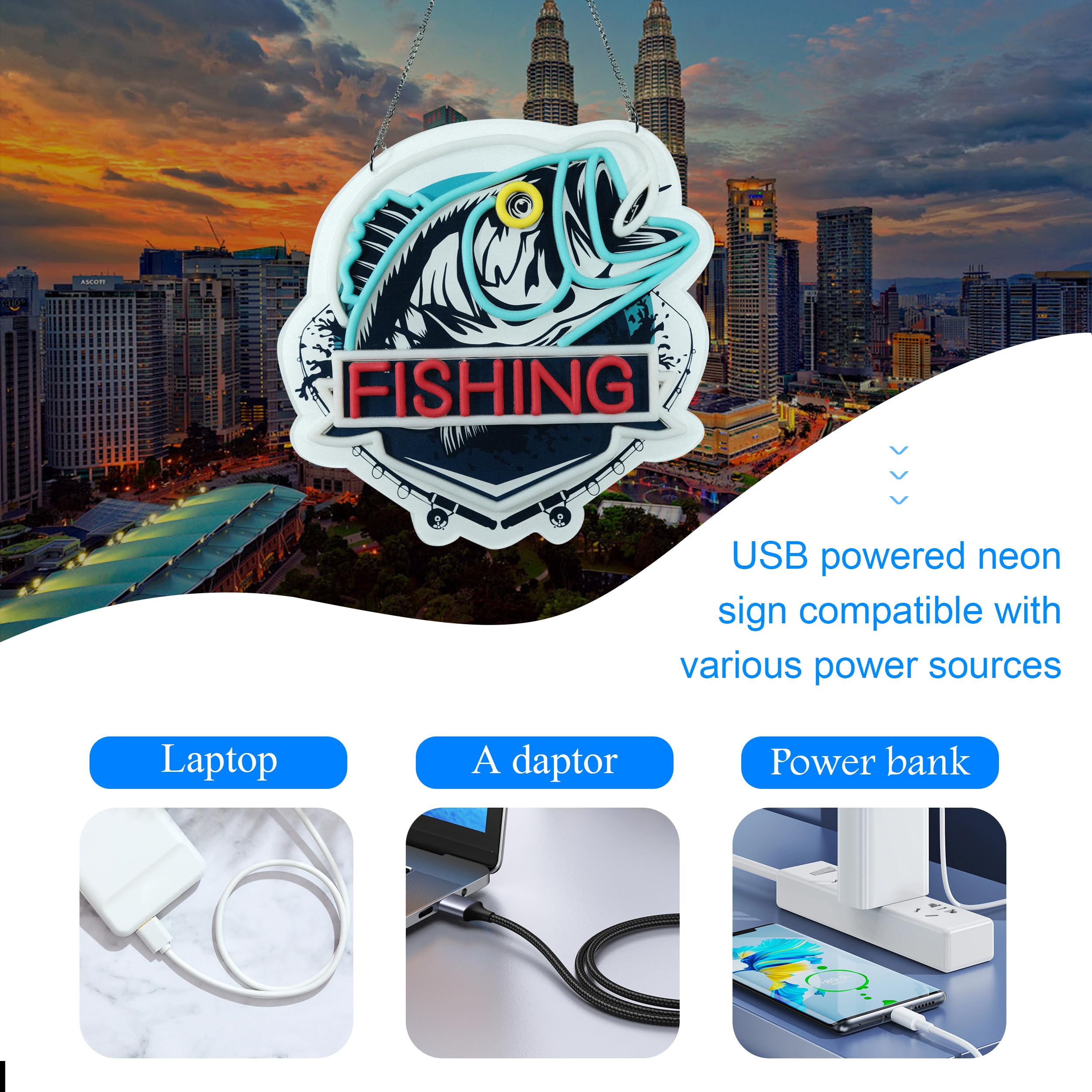 ASIUXIRS Neon Sign Art - Fishing Design, 13x13 inches, Plastic - Wall Light for Bar, Club, Cafe, Bedroom, Wedding, Birthday Party