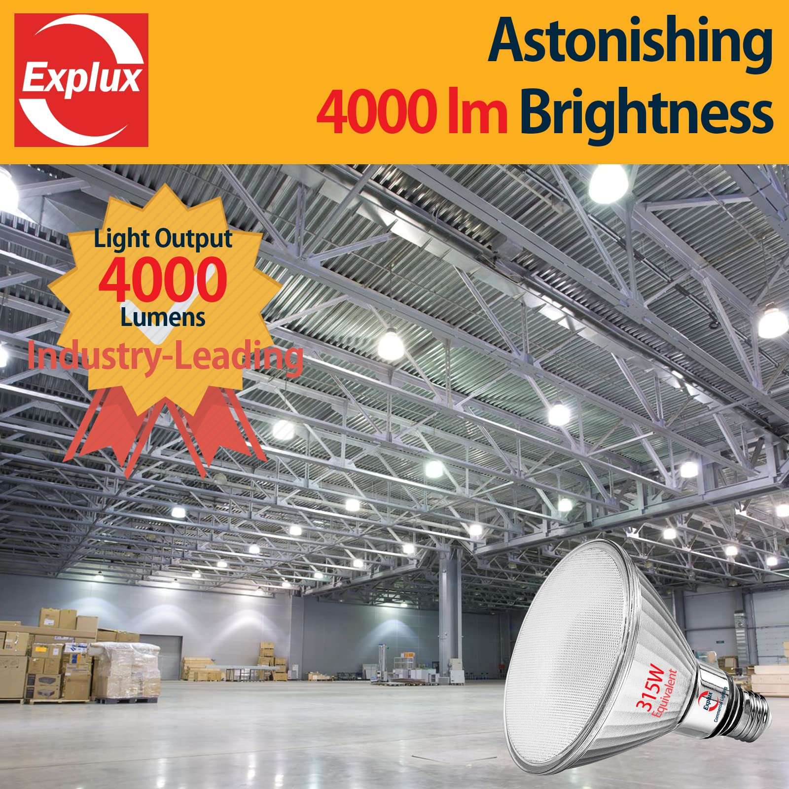 Explux 315 Watt Equivalent PAR38 LED Flood Light Bulb, Ultra Bright 4000 Lumens, Full-Glass Outdoor Waterproof & Anti-Ageing, No