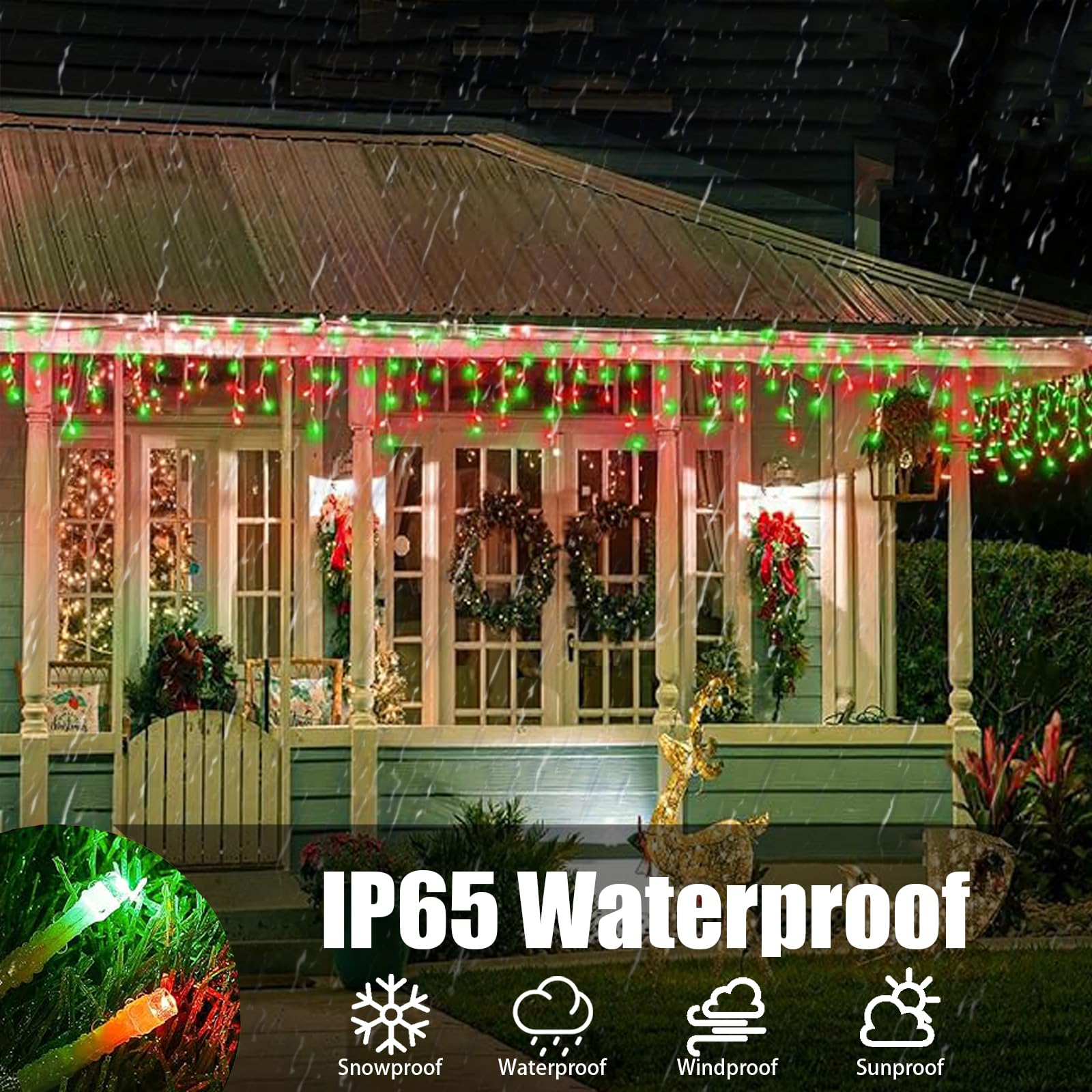 Neoclassy Solar Christmas Lights, 304 LED Waterproof String Lights, Red and Green, Ni-MH 1200mAh, 8 Modes for Outdoor Decor