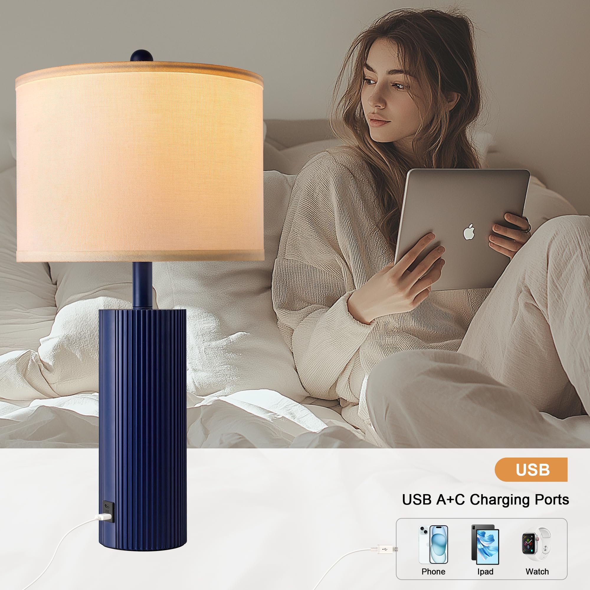 Bzzmmb 24.5'' Blue Table Lamps Set Of 2, Modern Living Room Touch Lamps With Usb C+A Ports, 2 Bulbs Included, Table Light Fixtur