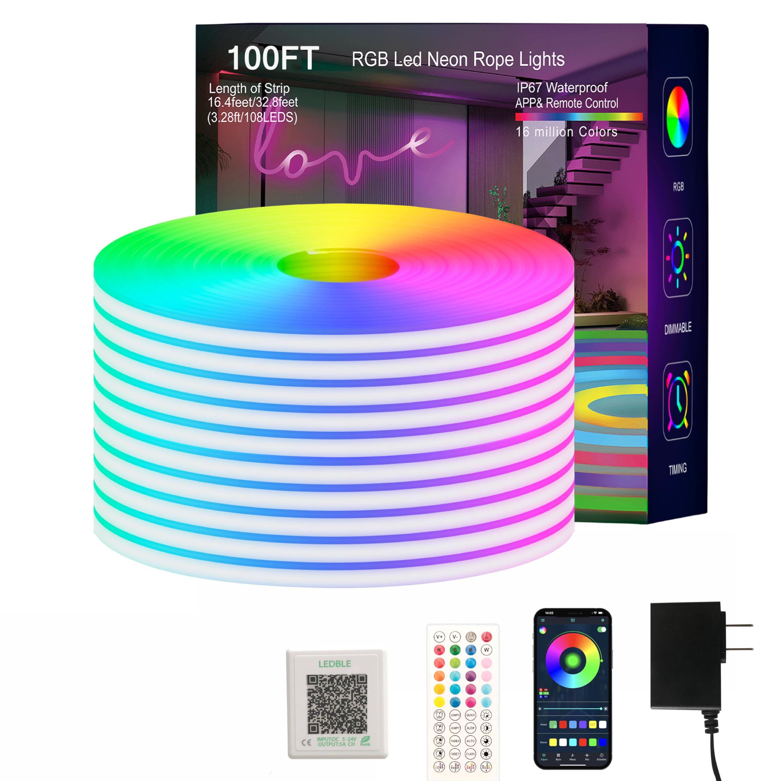 SILFU Neon Rope Lights,100FT(2 Rolls of 50ft) RGB Led Strip, Waterproof IP67, DIY Design, Music Sync, 44 Keys Remote Control, Multiple Modes, for Living Room, Bedroom, Holiday Decoration