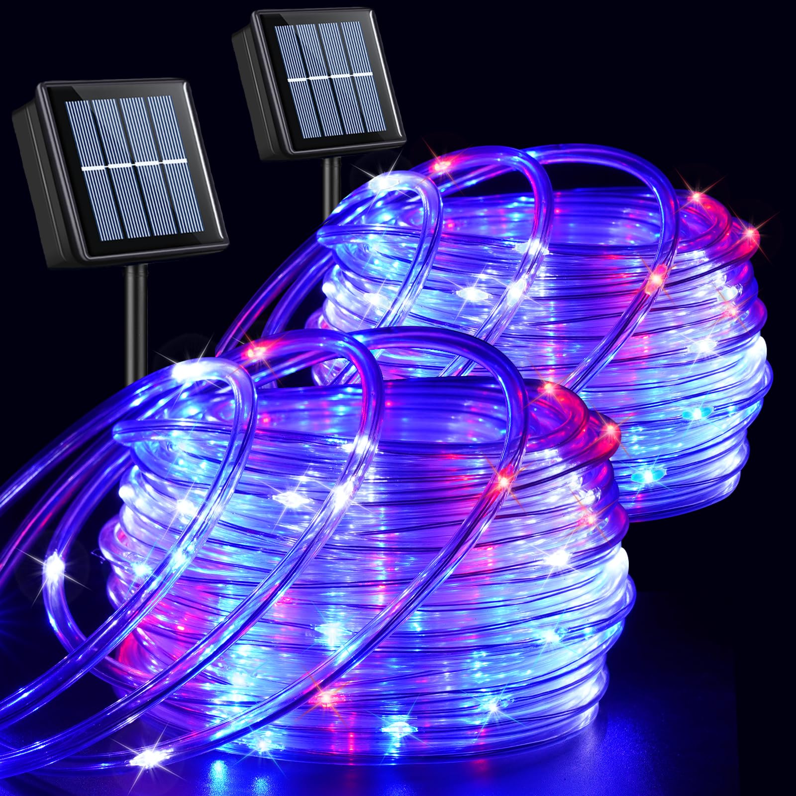 QITONG Solar Rope Lights, 2 Pack, 100 LED, 33ft Each, Red White Blue, 8 Modes, PVC Copper, Model 100-S-RL-RWB