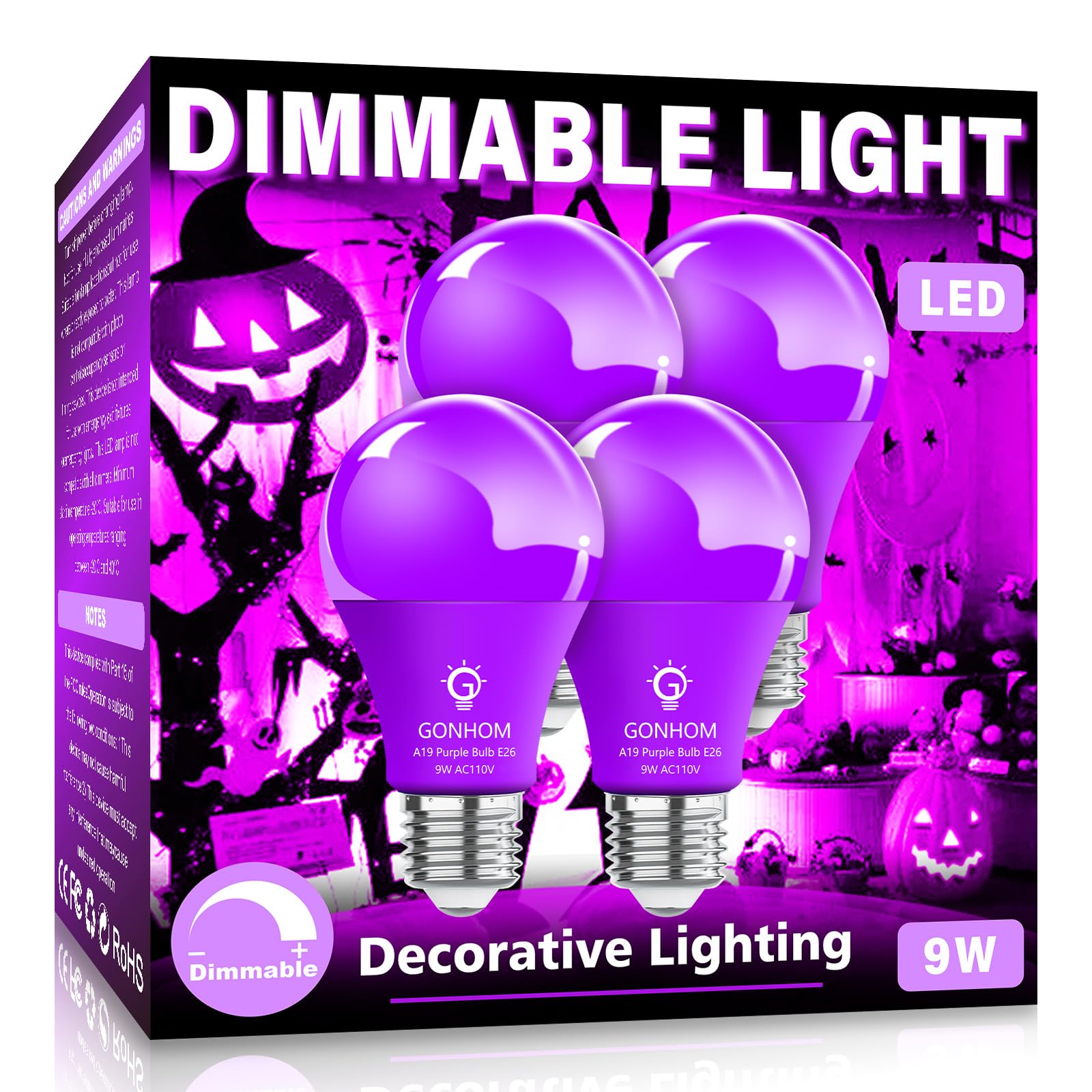 Gonhom 4 Pack A19 LED Purple Light Bulb,9 Watt Purple Lights Equivalent 100 Watt Colored Light Bulbs,E26 Base Purple LED Lights