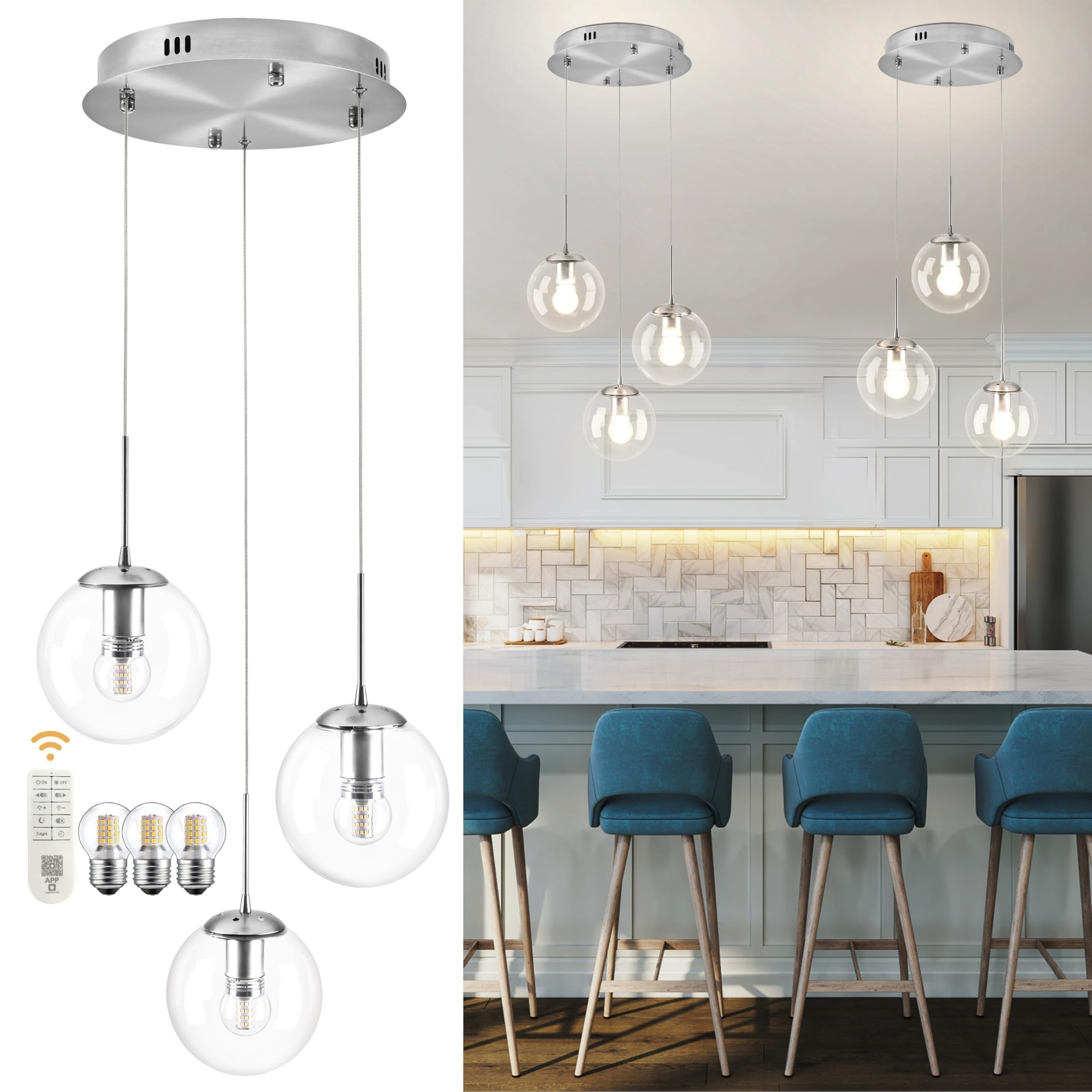 Koko&Yukina 3-Light Globe Glass Pendant Light Modern Nickel Clear Globe Glass Chandelier Adjustable Length Pendant Lights Fixtur