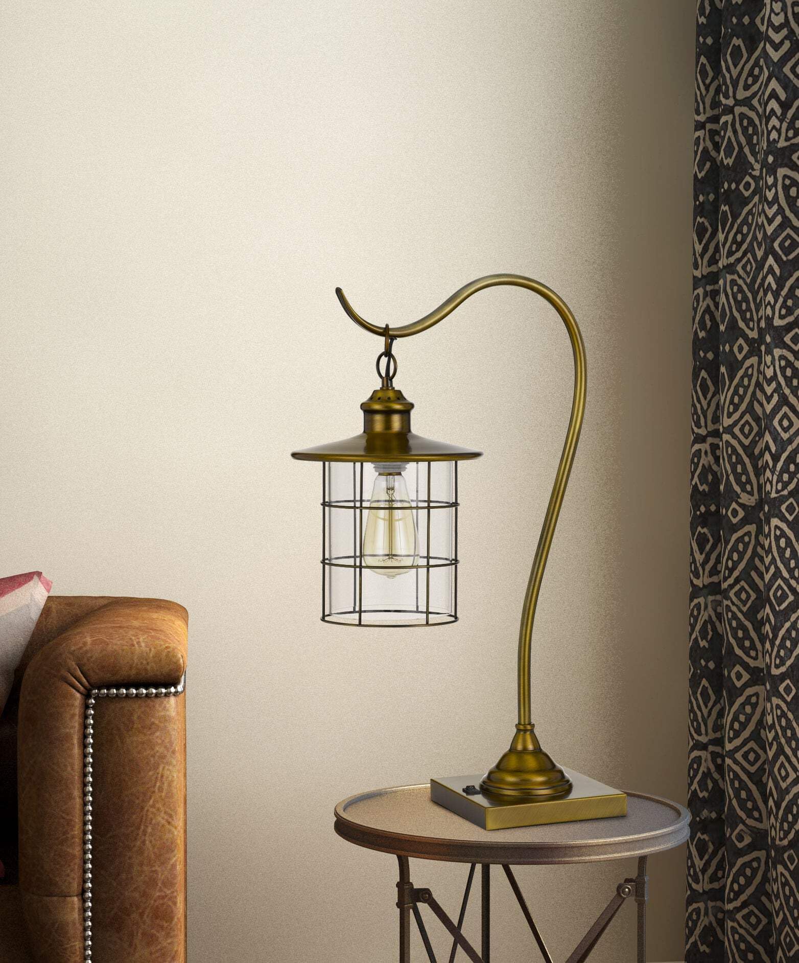 HomeRoots Metal Desk Table Lamp with Antiqued Brass Drum Shade, Model 524696, 25 in. Height