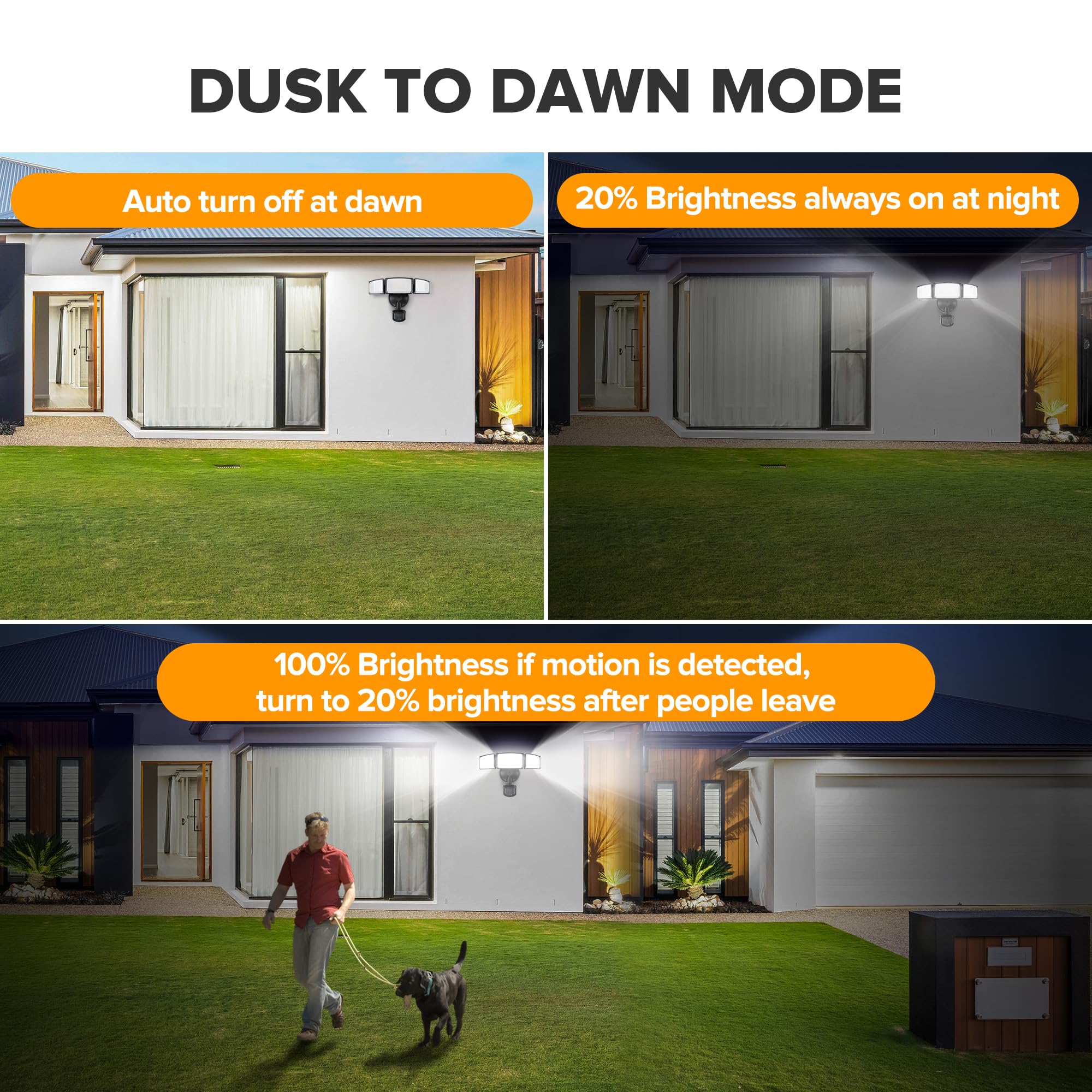 UME 49W LED Security Light - Motion Sensor, 5000K Daylight, IP65 Waterproof, 3 Head Flood Light, Black, 1 Pack