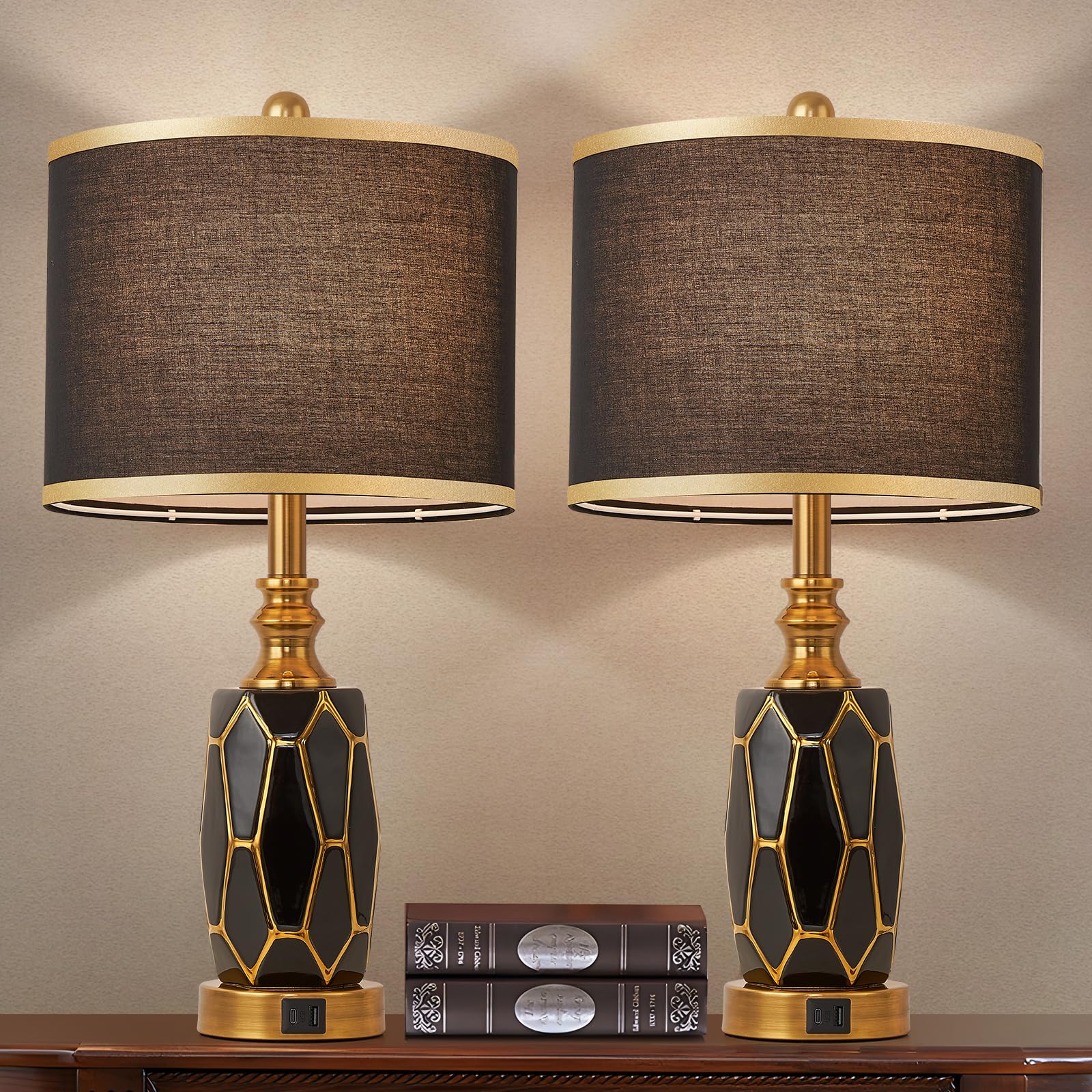 workluurop Touch Control Table Lamps Set of 2, Ceramic, USB Ports, 25.5 Inches, Black and Gold, Model HYZCJF