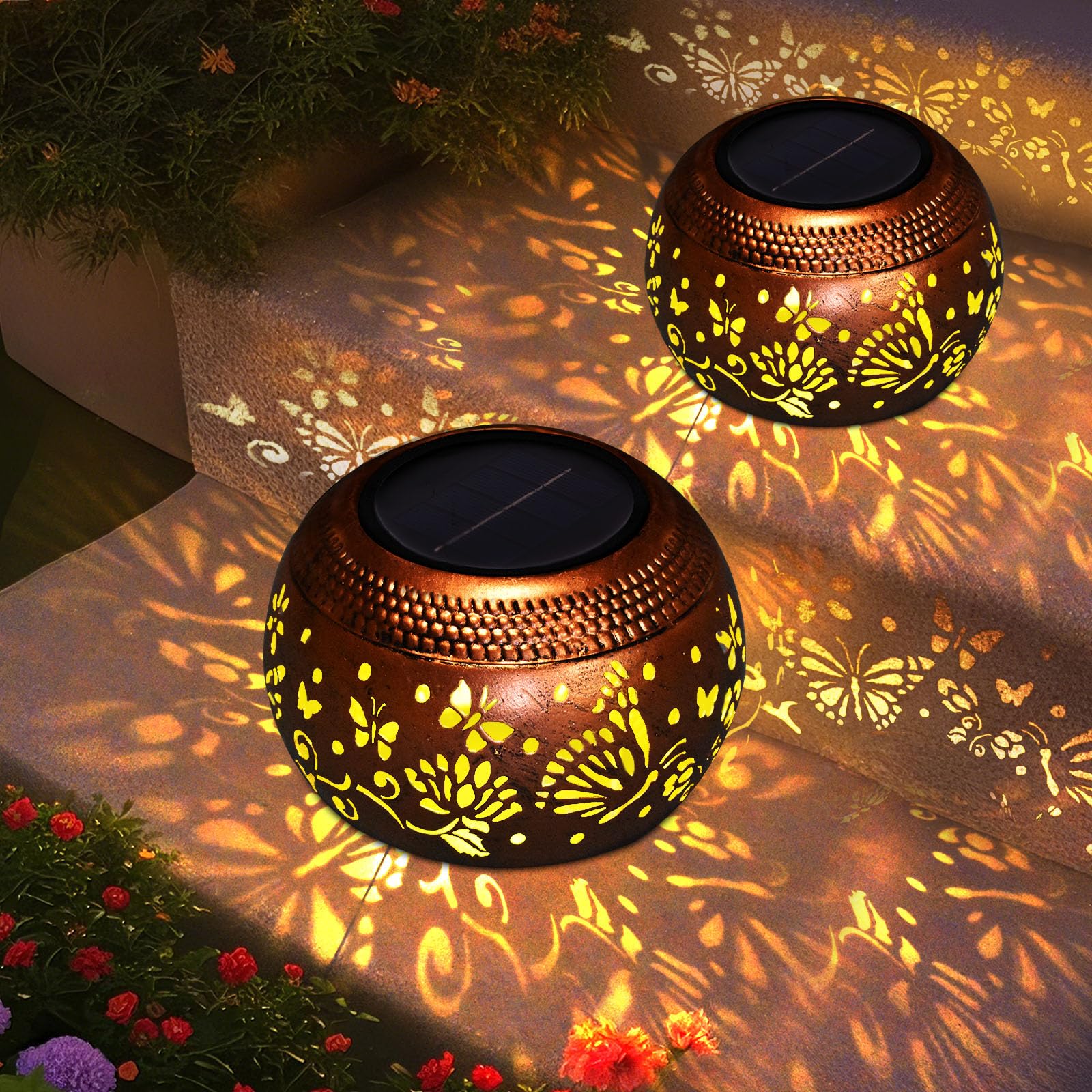 Butterfly Solar Lantern Outdoor Patio Decor, 2 Pack Retro Metal Waterproof Garden Decor Solor Lights, Birthday Gifts for Women M