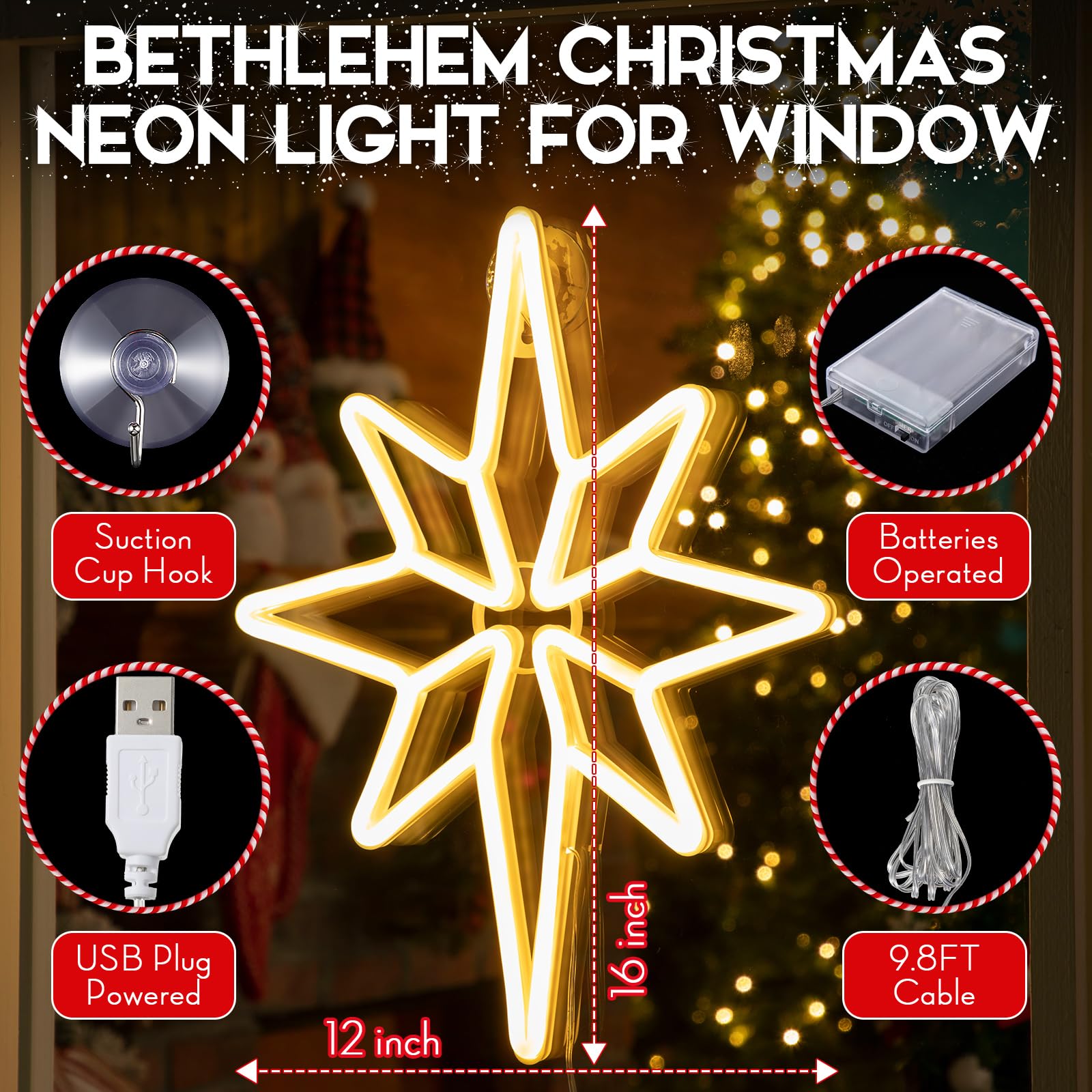 Enhon Bethlehem Star Window Light – 16 Inch USB/Battery Operated Acrylic Decor – Warm White, Christmas Neon for Indoor/Outdoor Use