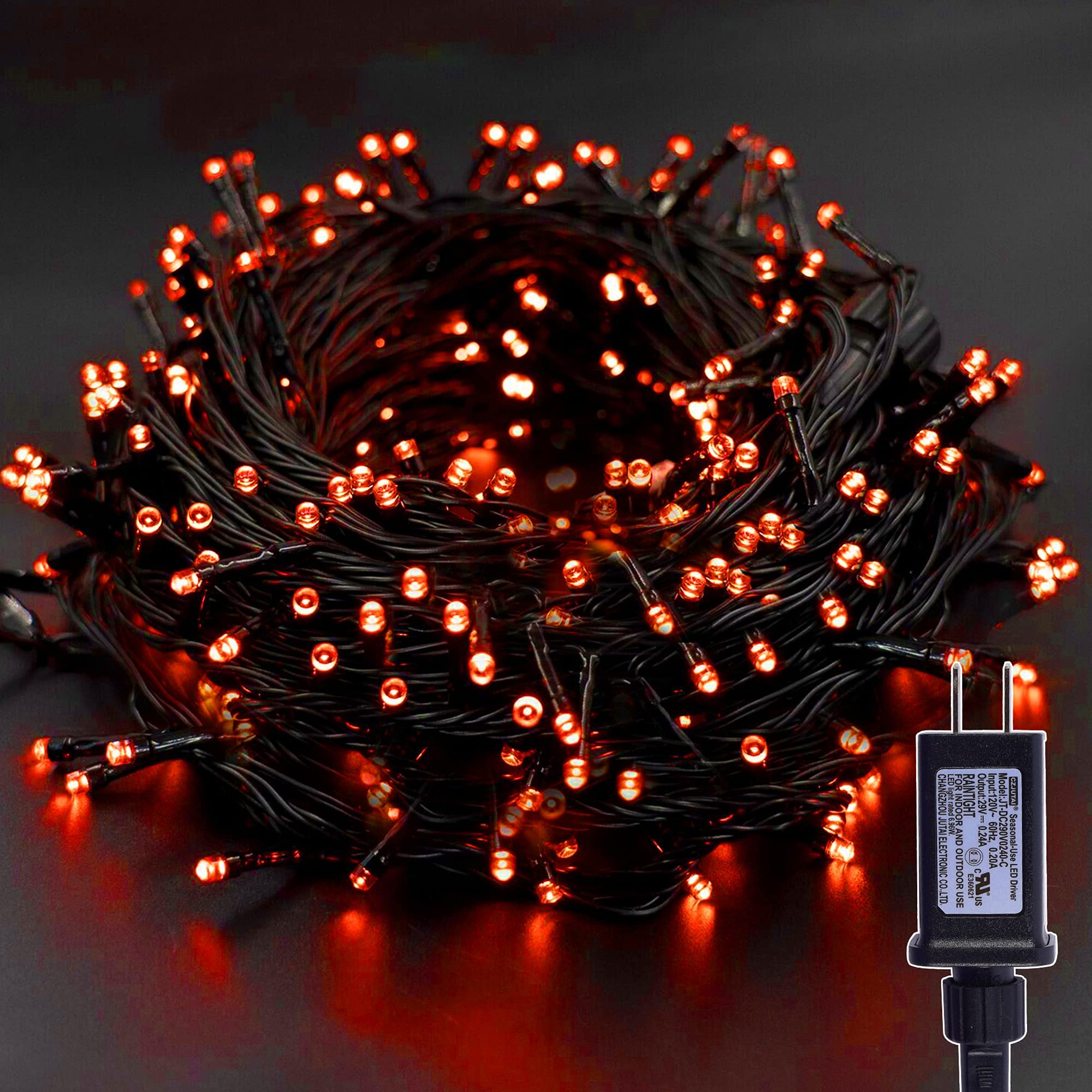 Twinkle Star 33Ft 100 Led Halloween String Lights Orange, Plug In Black Wire Fairy Lights 8 Modes Waterproof Mini Light For Outd