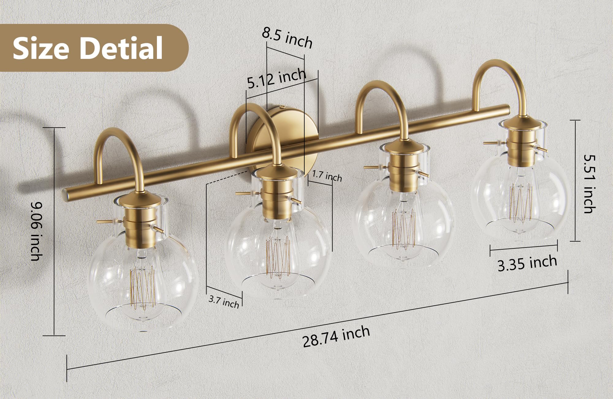 Primeplus 4-Light Gold Bathroom Vanity Light Fixtures, 24 Inch Bathroom Light Fixtures Over Mirror With Clear Glass Shade Wall Mounted Sconces Lighting For Bathroom, Living Room, Hallway, E26 Base