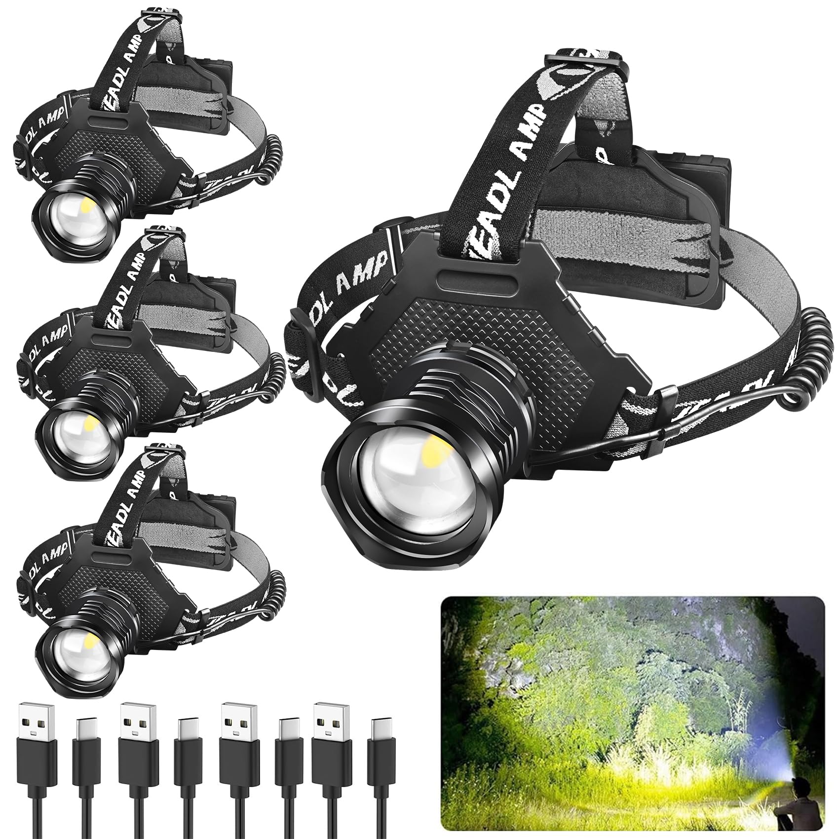 Foleto Headlamp Rechargeable Led 4 Pack, Head Lamp Super Bright, Headlamps For Adults Rechargeable, Ipx6 Waterproof & 90Adjustab