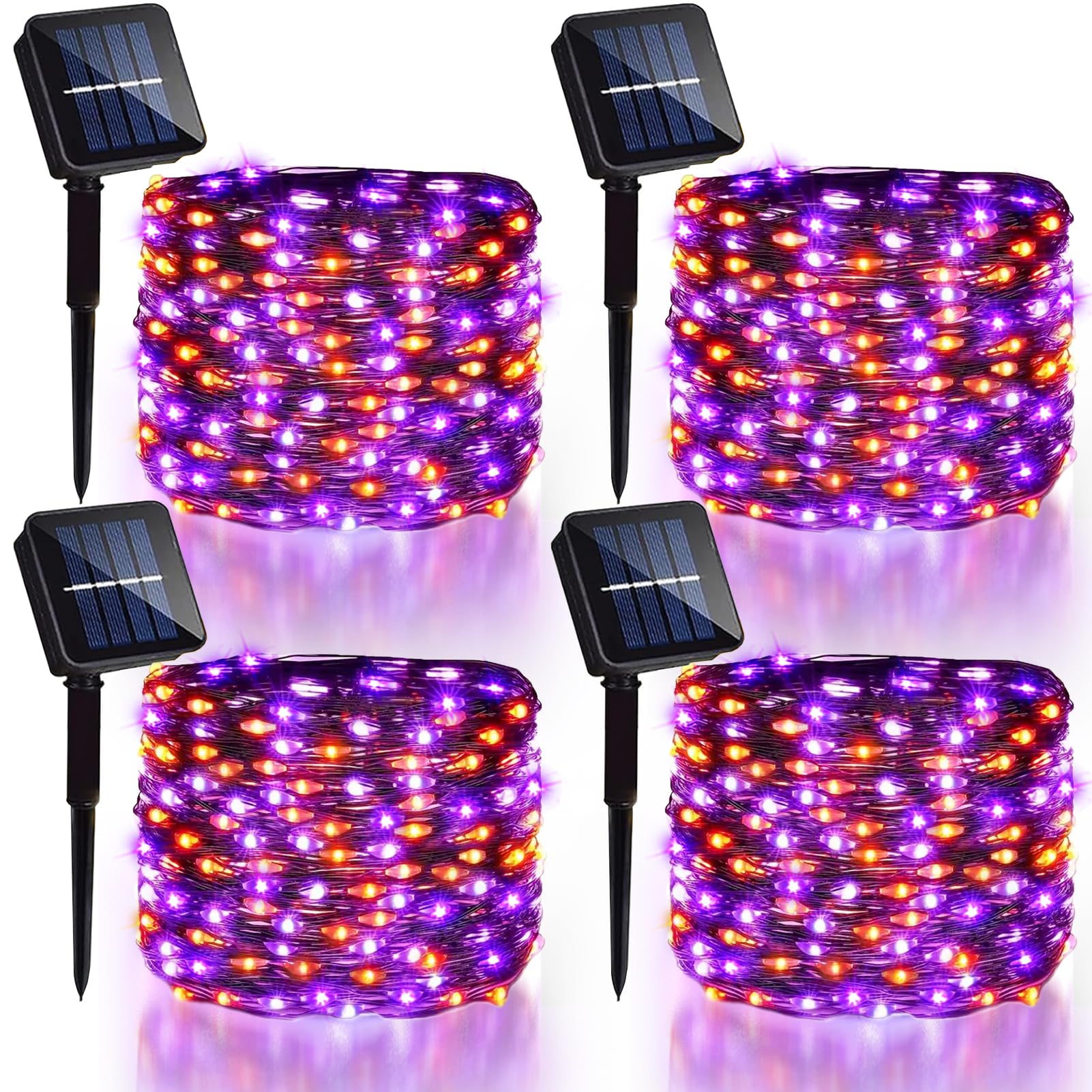4 Pack Halloween Solar Fairy Lights 131.2Ft 400 Leds Outdoor Twinkle Lights With 8 Modes, Waterproof Silver Wire String Lights For Garden Patio Party Decorations (Orange Purple)