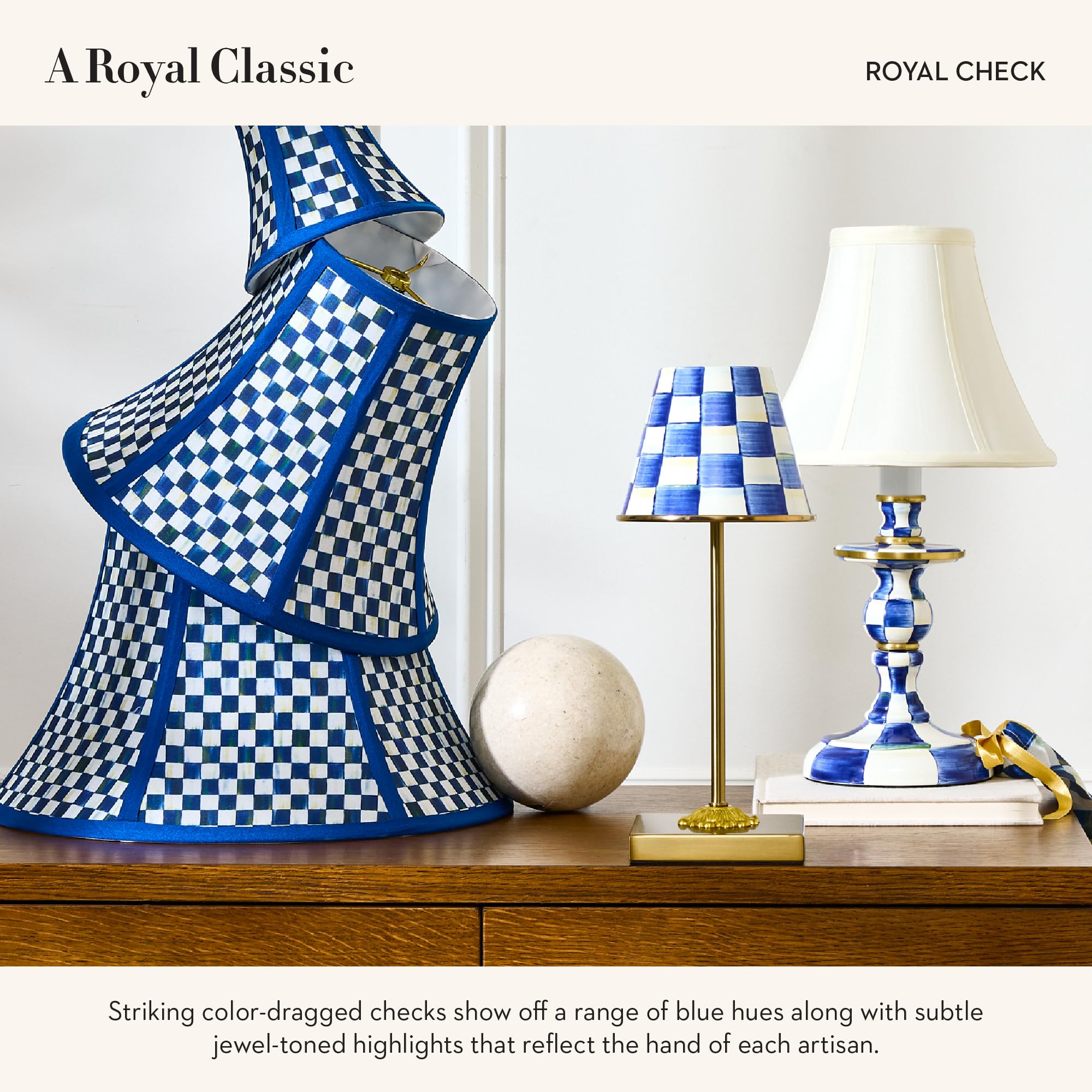 Mackenzie-Childs Candlestick Lamp, Decorative Lamp For Living Room Or Bedroom, Blue-And-White Royal Check