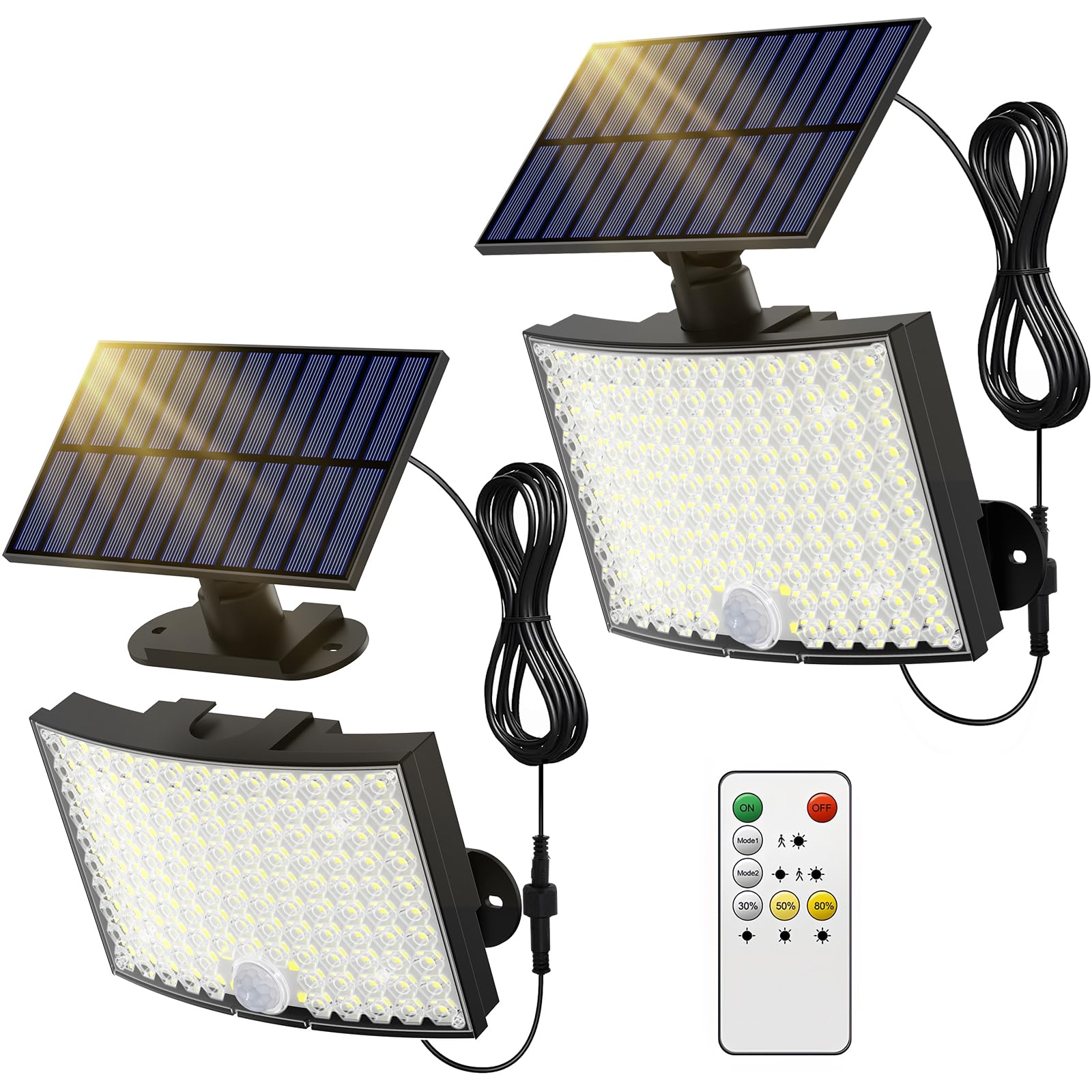 ABODONG Solar Lights, 128 LEDs Flood Light, Motion Sensor, 23 ft Cable, Remote Control, 2 Pack, Black, Model TBD-28
