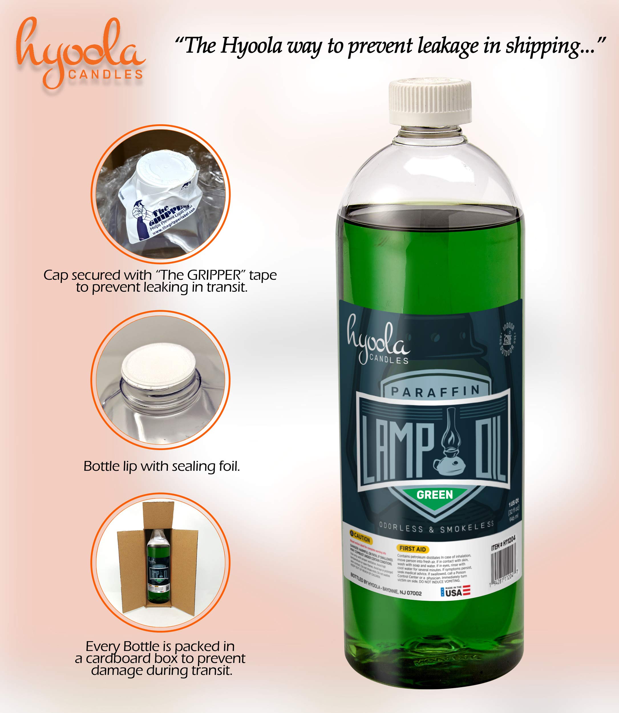 Hyoola Candles Liquid Paraffin Lamp Oil - Green Smokeless, Odorless, Ultra Clean Burning Fuel For Indoor And Outdoor Use - Highest Purity Available - 32Oz