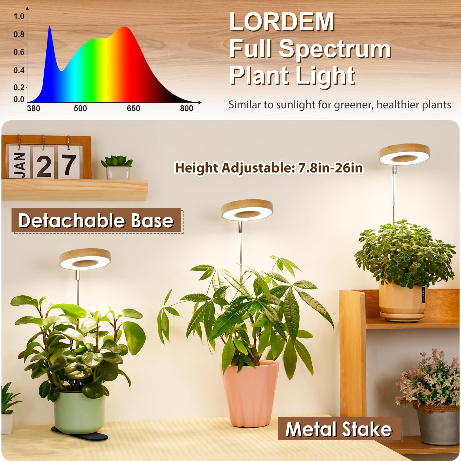 Lordem Bamboo Base Desktop Grow Light, Led Plant Lamp With Full Spectrum, 4 Adjustable Brightness Levels, 4H/8H/12H Auto Timer For Indoor Plants Growing, Height Adjustable 7.8&quot;-26&quot;, 3 Pack